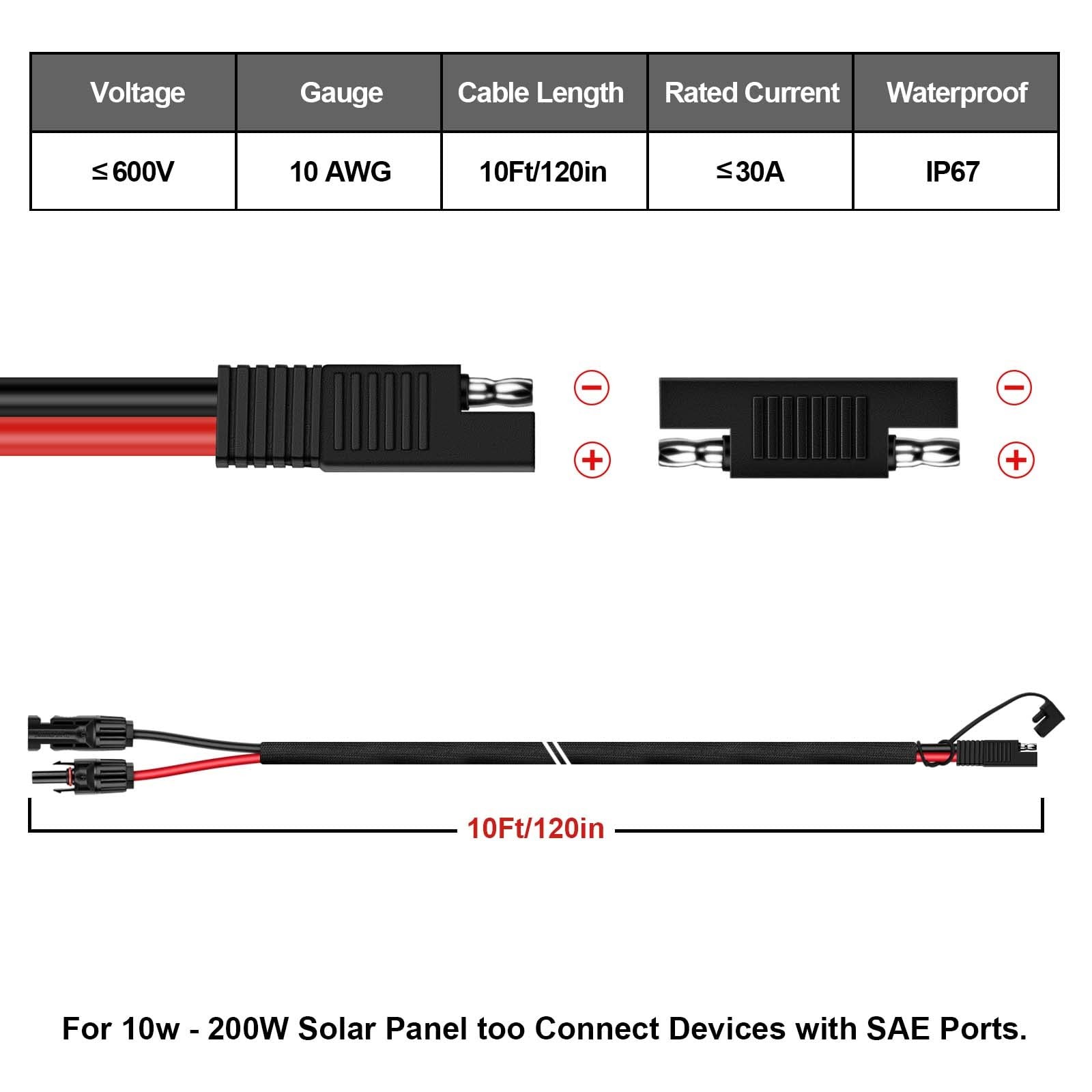 10AWG SAE Extension Cable Male Female Adapter Solar PV Wire Black 10Ft for RV
