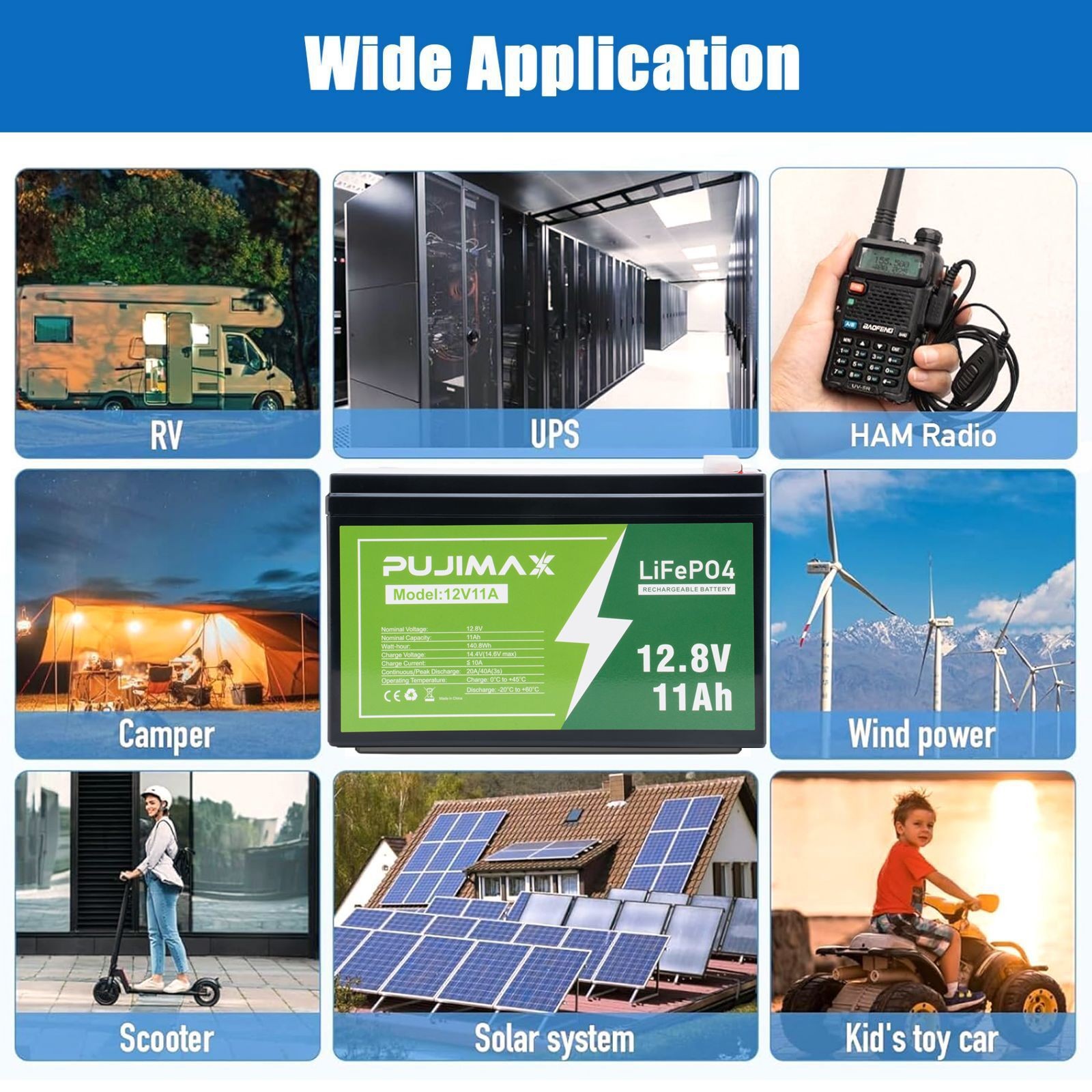 PUJIMAX 12V 11Ah Lithium LiFePO4 Built-in 12A BMS Deep 3000+Cycle Phosphate NEW