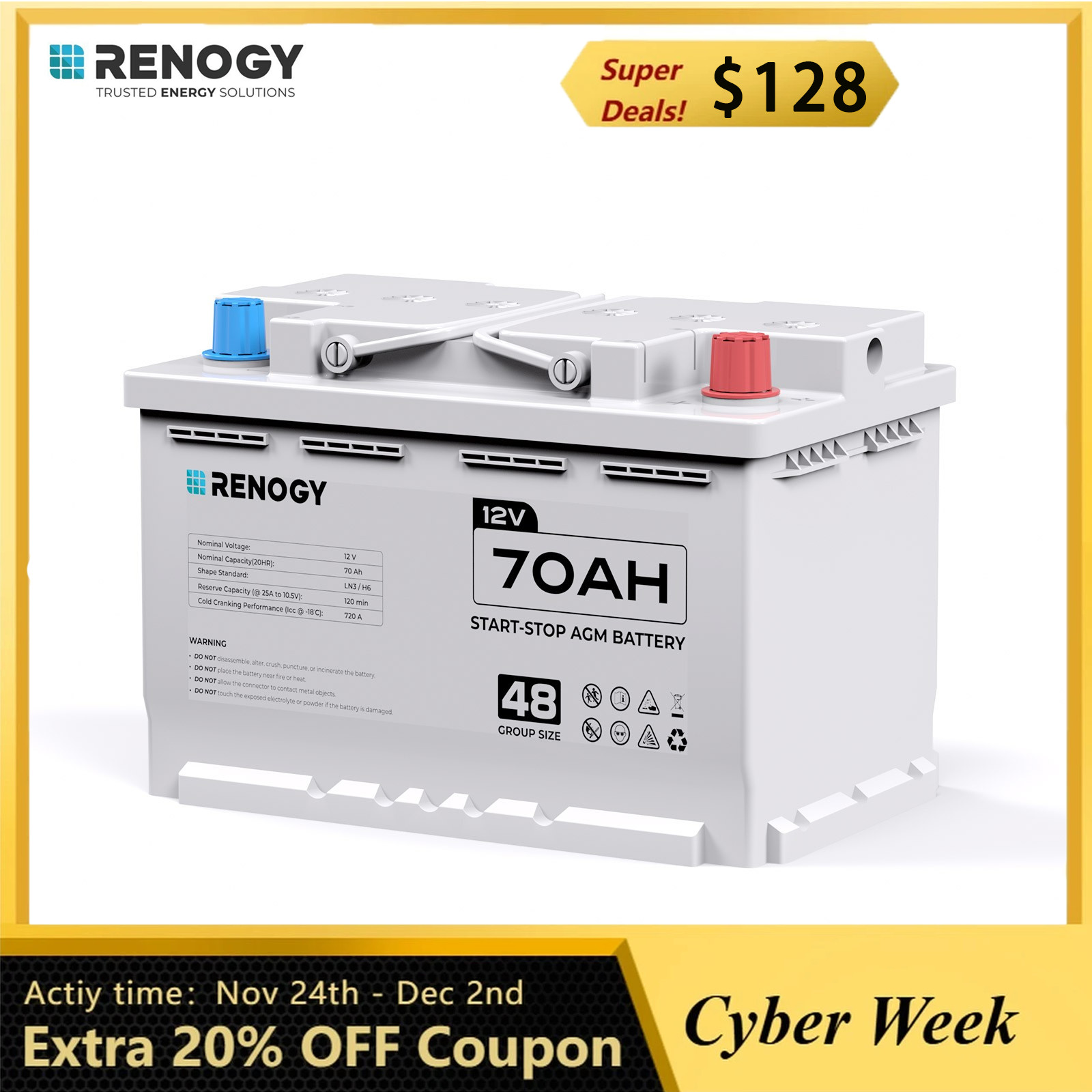 Renogy 12V 70AH Start-Stop AGM Battery Group 48 Start Stop Automotive Battery