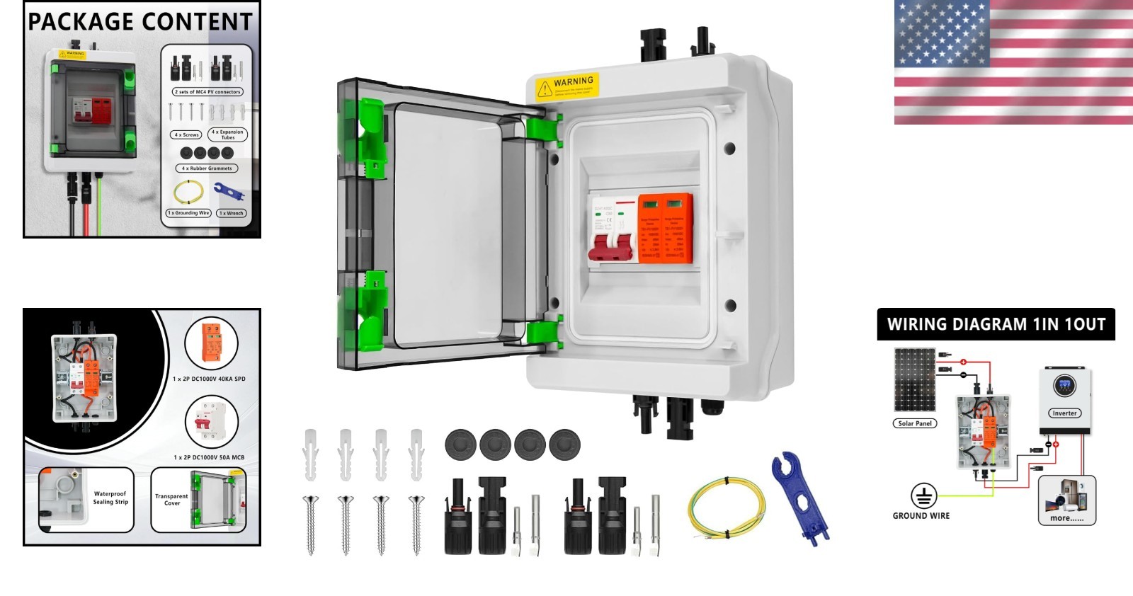 Solar Combiner Box 1-In-1-Out 50A Circuit Breaker Surge Protector