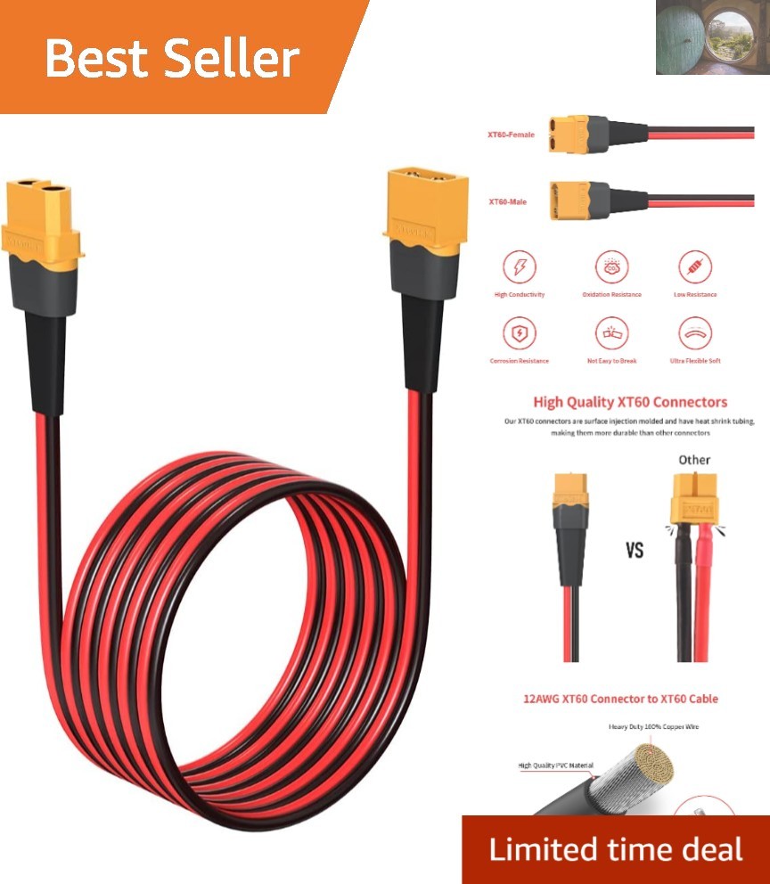 12AWG XT60 Extension Cable 10FT – Ideal for RC Battery & Solar Panel Connections
