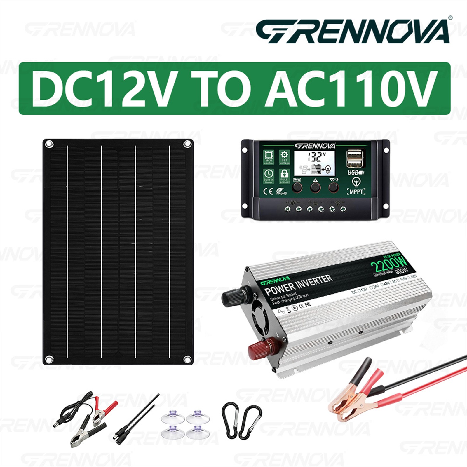 Grennova 2200W Off-Grid Solar Kit 50W Panel 60A MPPT Dual Voltage Inverter Home