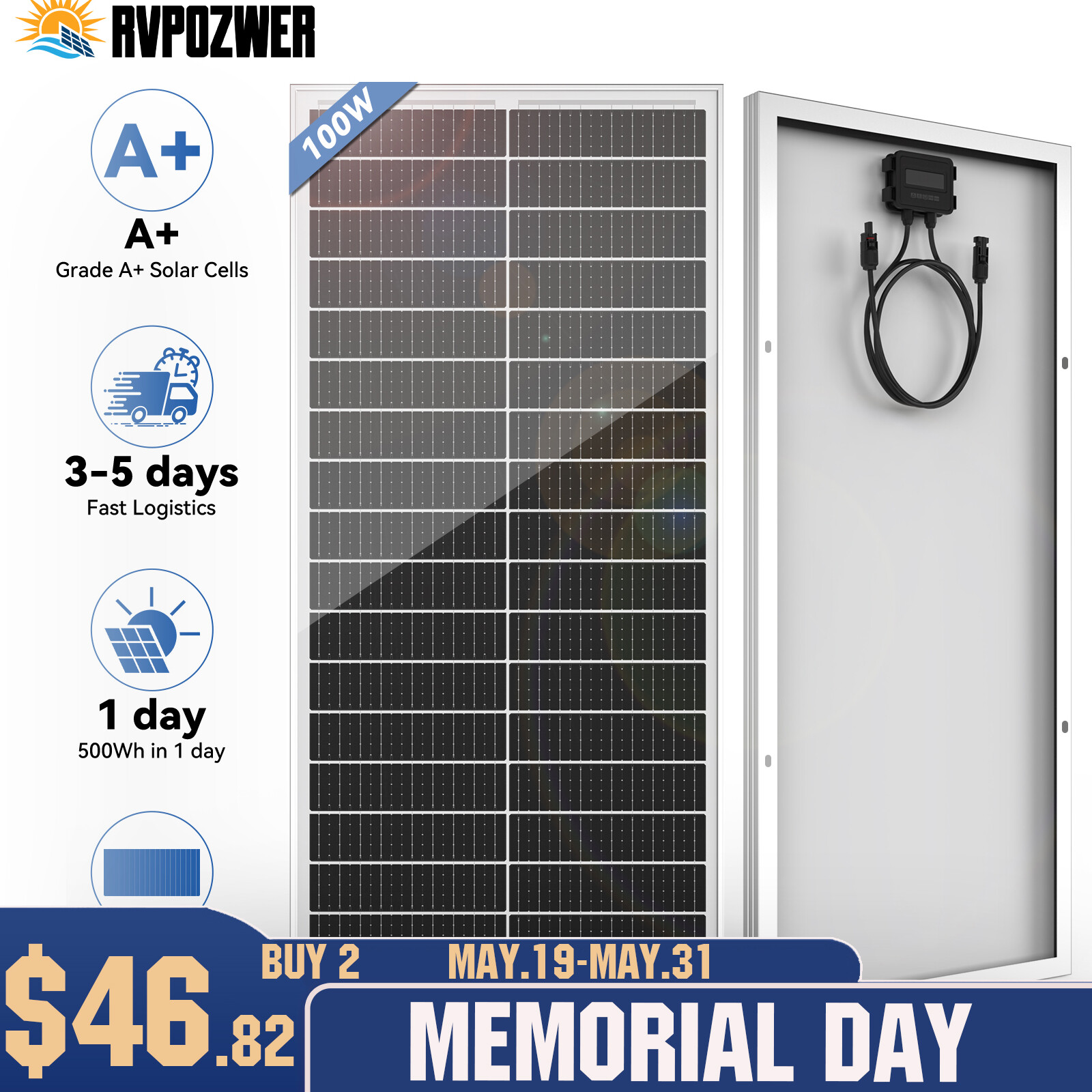 Rvpozwer 100W Watt 12v Monocrystalline Solar Panel 18BB Cell RV Home Off Grid US