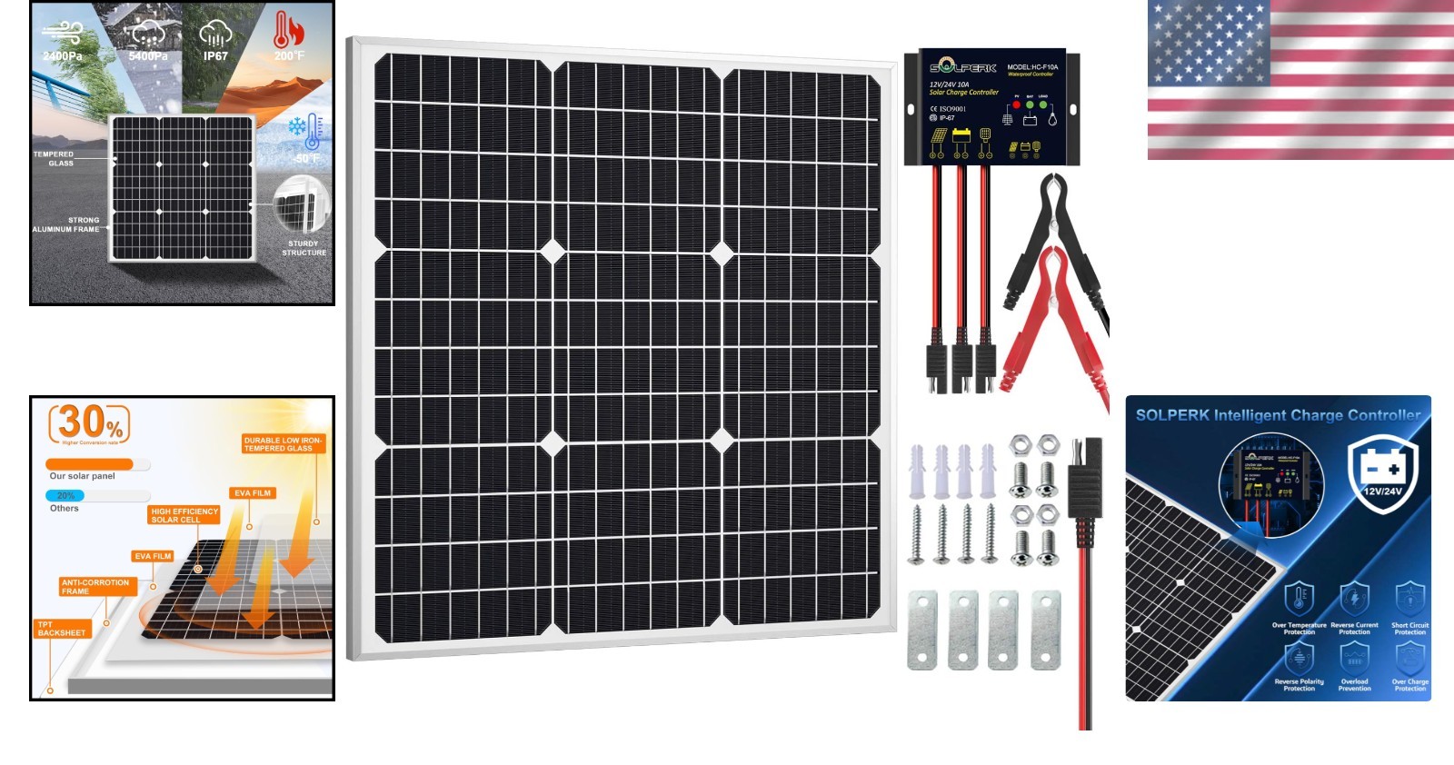 50W Waterproof Solar Panel Kit with Smart Charge Controller for Camping & RV