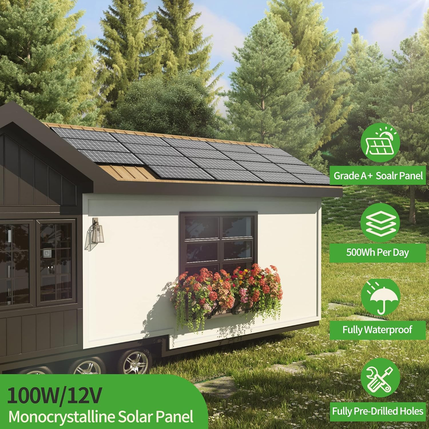 100 Watt Solar Panels, 10BB Monocrystalline 12V Solar Panel, 23% High Efficiency