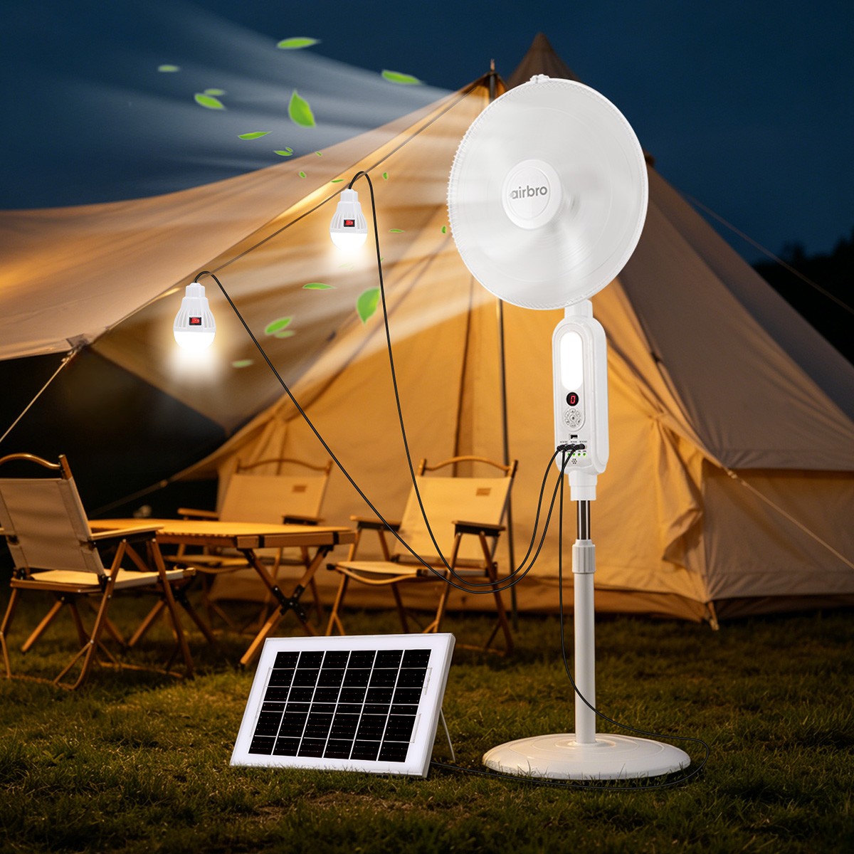 16″ Floor Standing Fan Solar Powered w/ 2PCS Emergency LED Bulbs Remote Outdoor