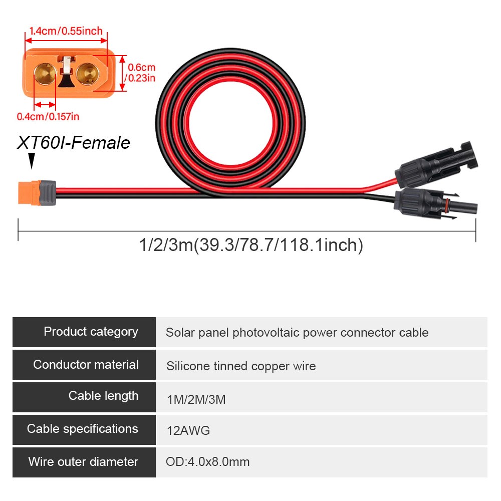 10ft XT60i Female to Solar Connector Solar Panel Extension Charging Cable 12 AWG