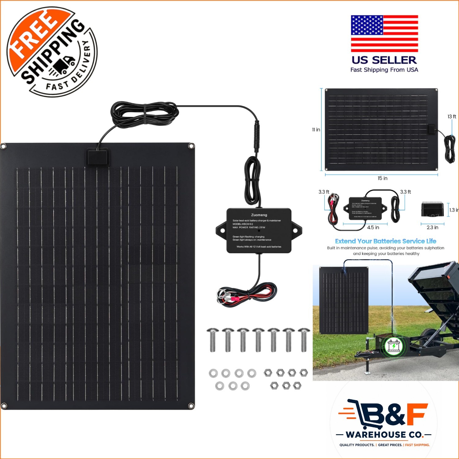 High-Efficiency Waterproof Solar Battery Charger—20W for RVs & Dump Trailers