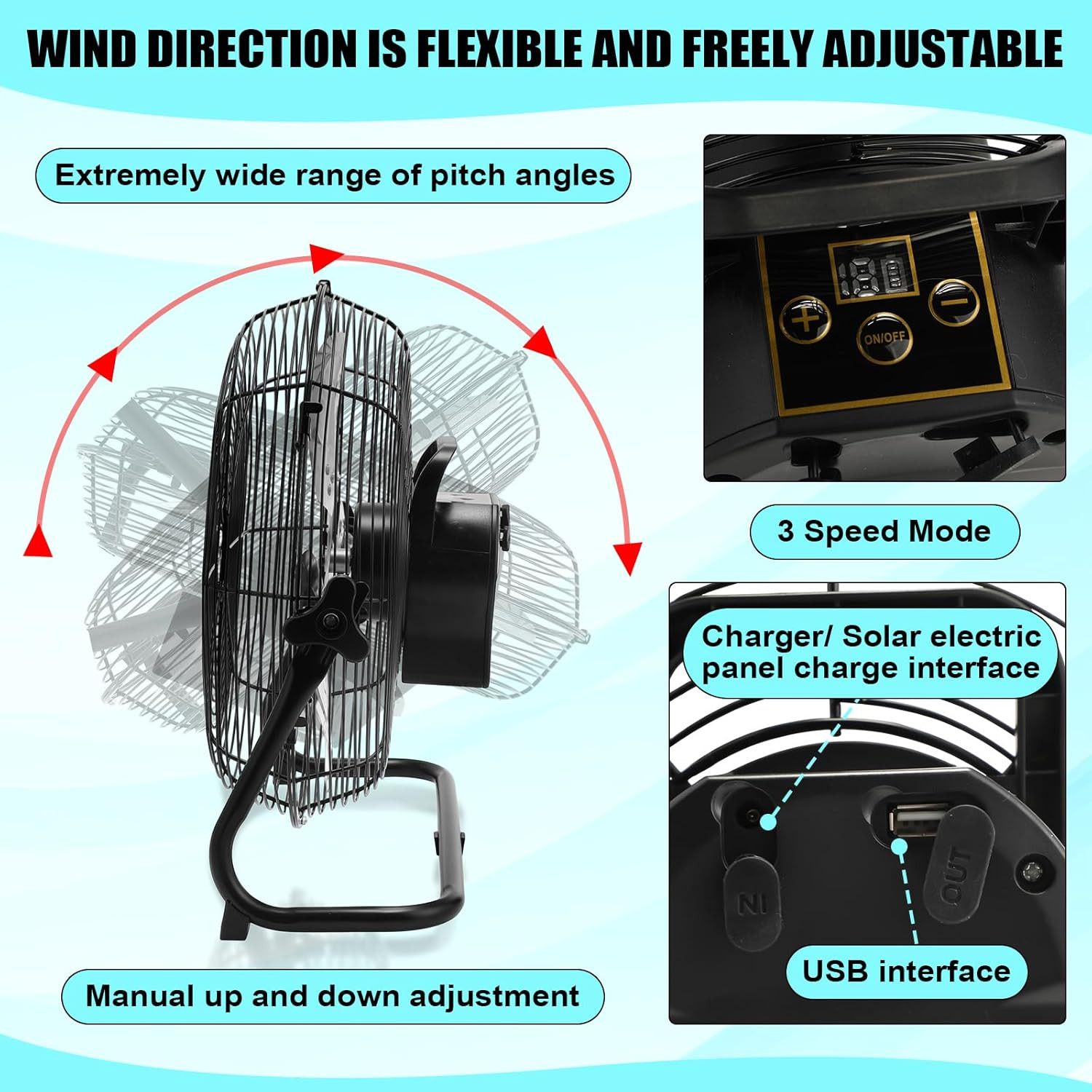 14 Inch Solar Panel Powered Fan, 2 in 1 Solar Panel or AC Charger Powered Fan 12