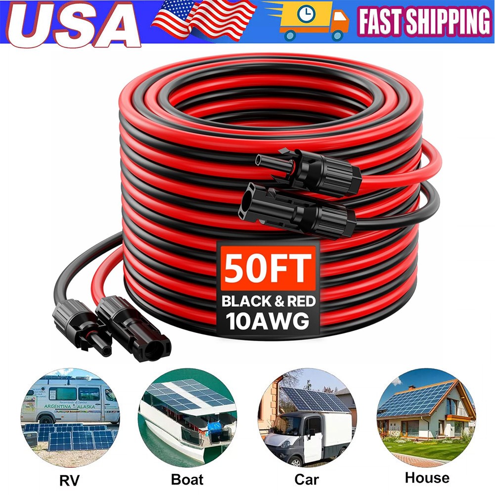 50ft Black +50ft Red 10AWG Solar Panel Extension Cable Flexible Wire Connectors