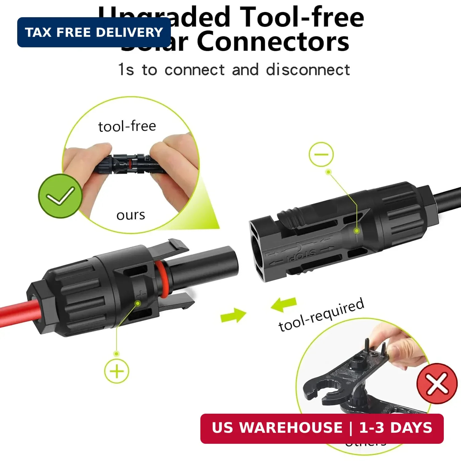 2 Pack Solar Connectors for 2 Solar Panels,Tool-Free Solar Cable Splitter, IP68