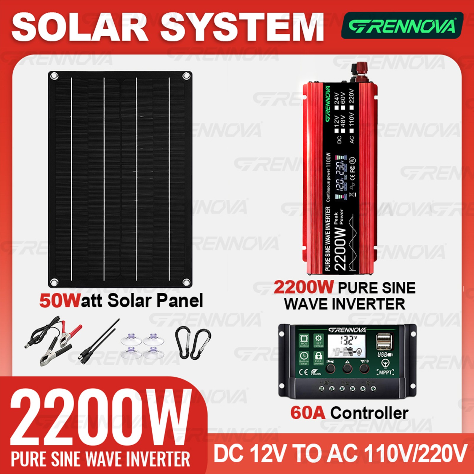 Grennova 2200W Off-Grid Solar Kit 50W Panel 60A MPPT Dual Voltage Inverter