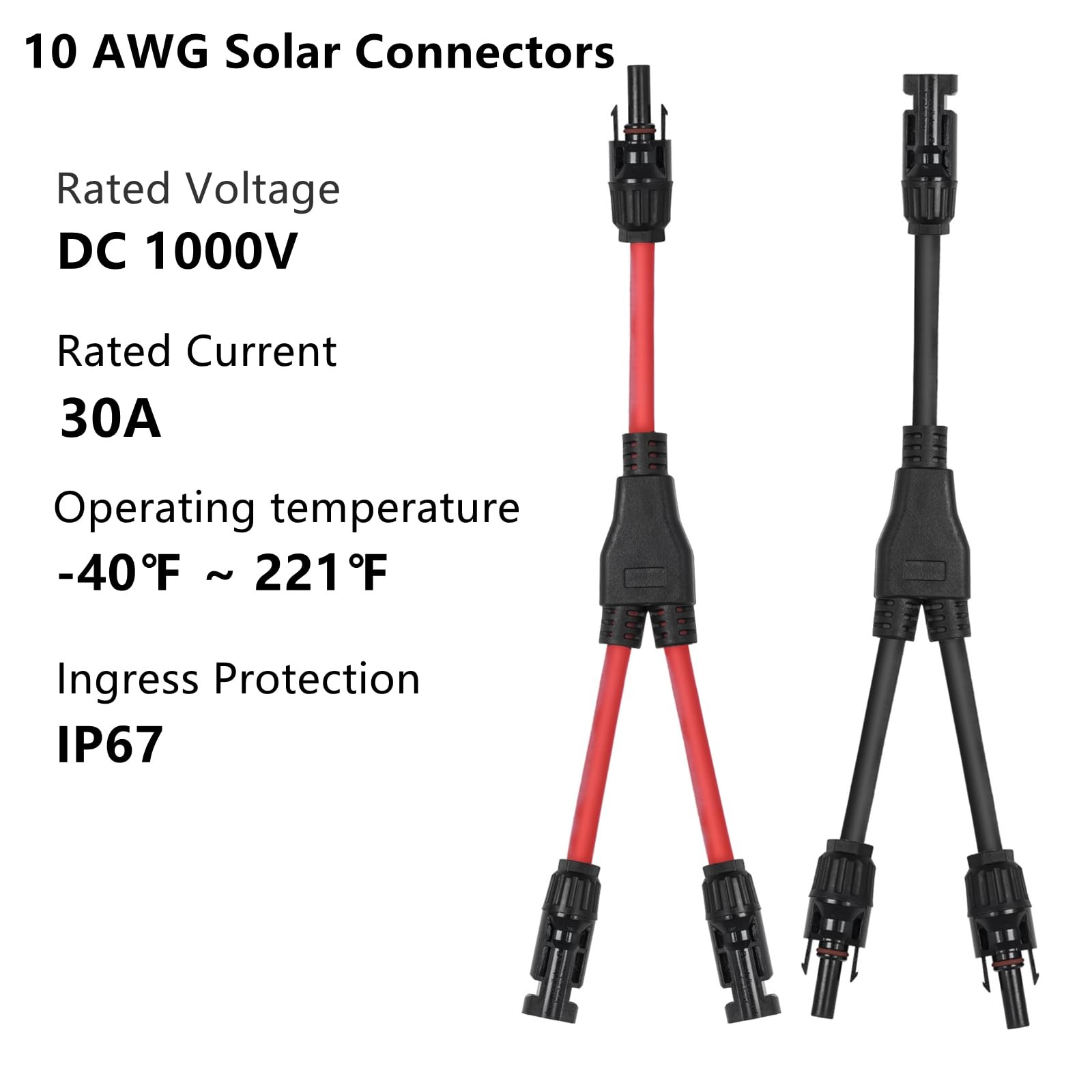 Solar Connector Y Branch 2 to 1 Parallel 10 AWG Copper PV Cable Red Black