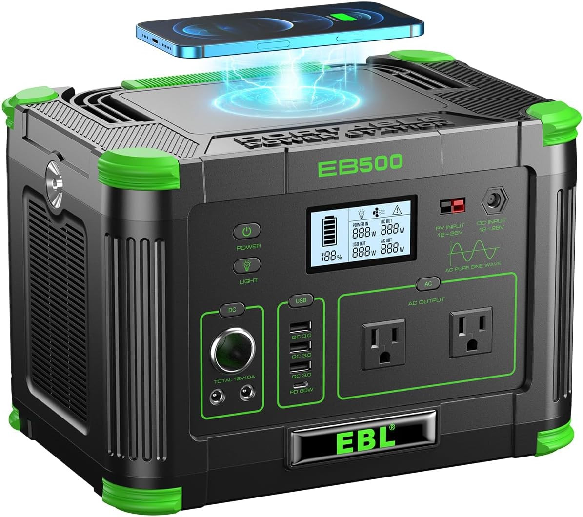 Portable Power Station 500W(Peak 1000W), Camping Solar 519.48Wh Outdoor | Solar