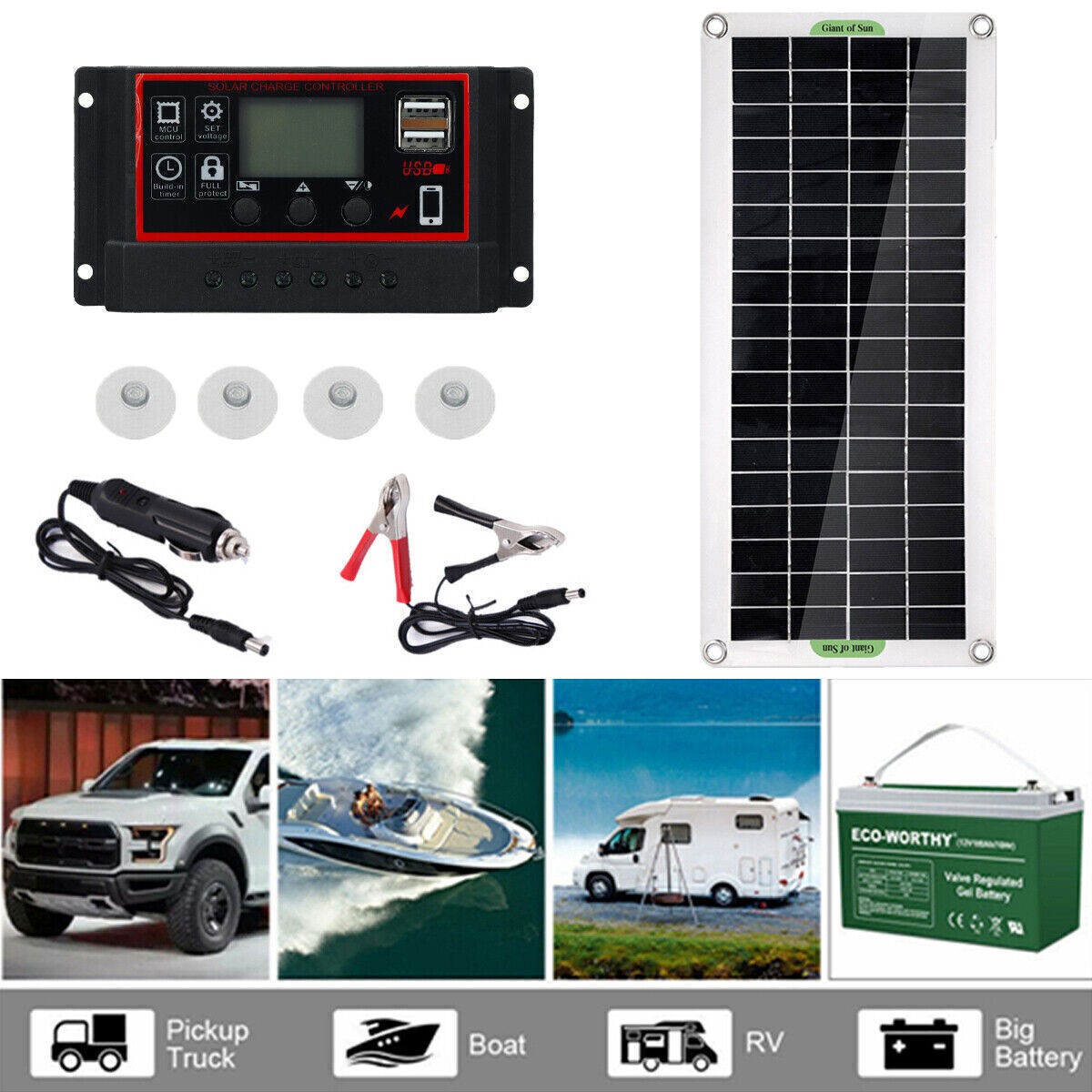 30W Solar Panel Kit 12V Battery Charger 10A-60A Controller Camping RV Marine