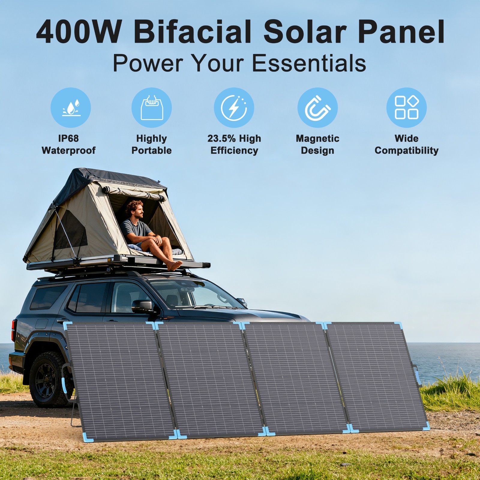 E-POWO 400W 220W 110W Bifacial Solar Panel for Power Stations Solar Generator RV