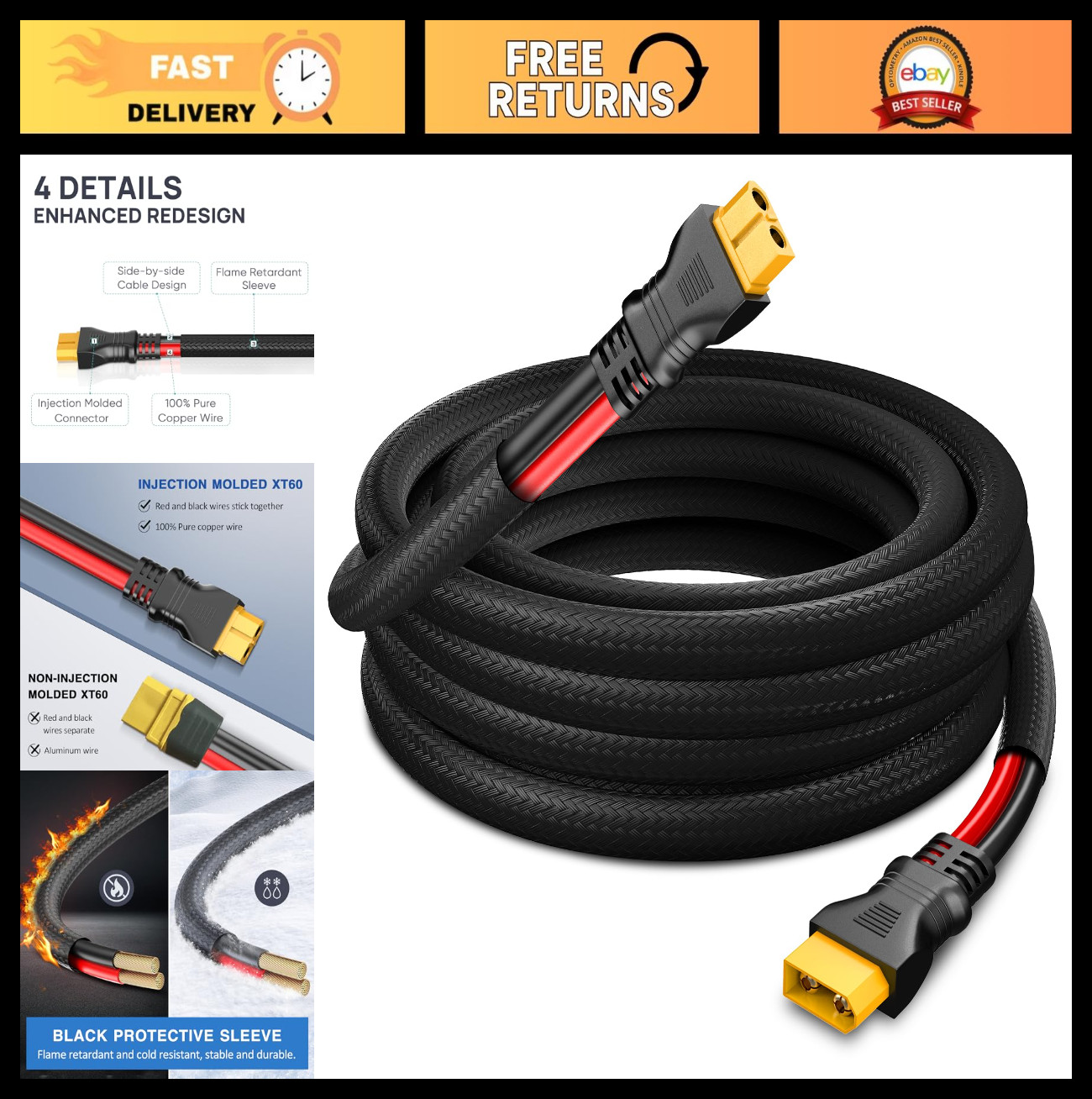 XT60 Extension Cable 12AWG 6FT – Male to Female Adapter, Flame Retardant Sleeve,