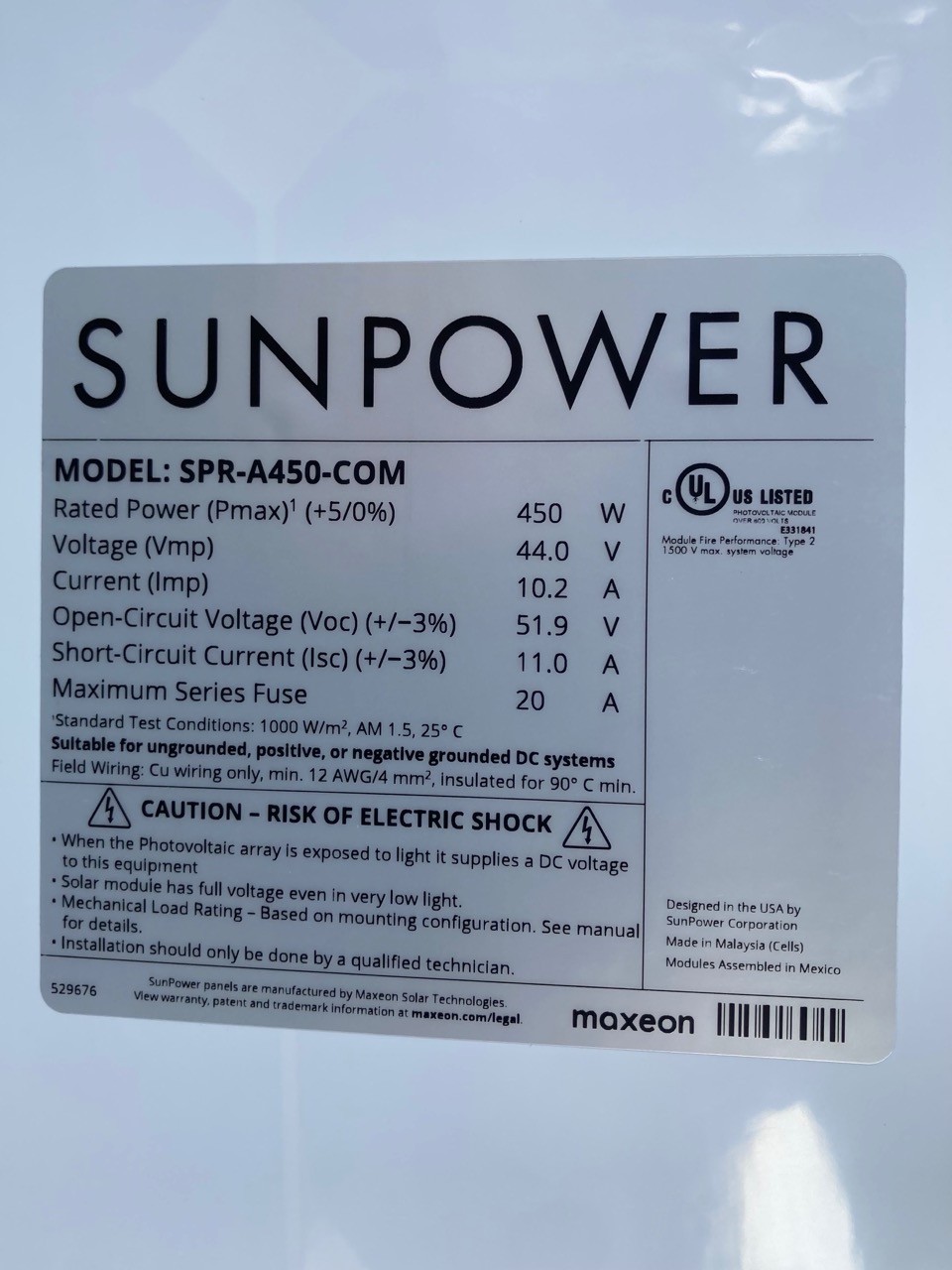 New SunPower / Maxeon 450 W SPR-A4450-COM commercial solar panels