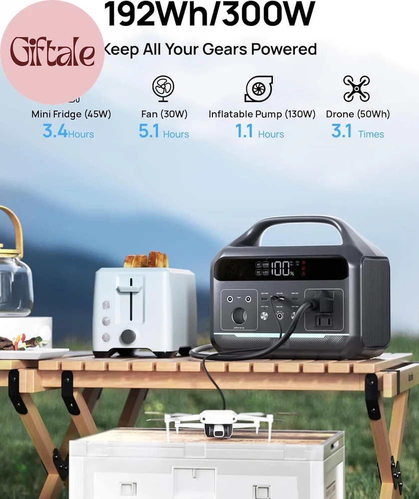Portable Power Station 300W, 192Wh Large Power Bank with 110V AC Outlet, Lifepo4