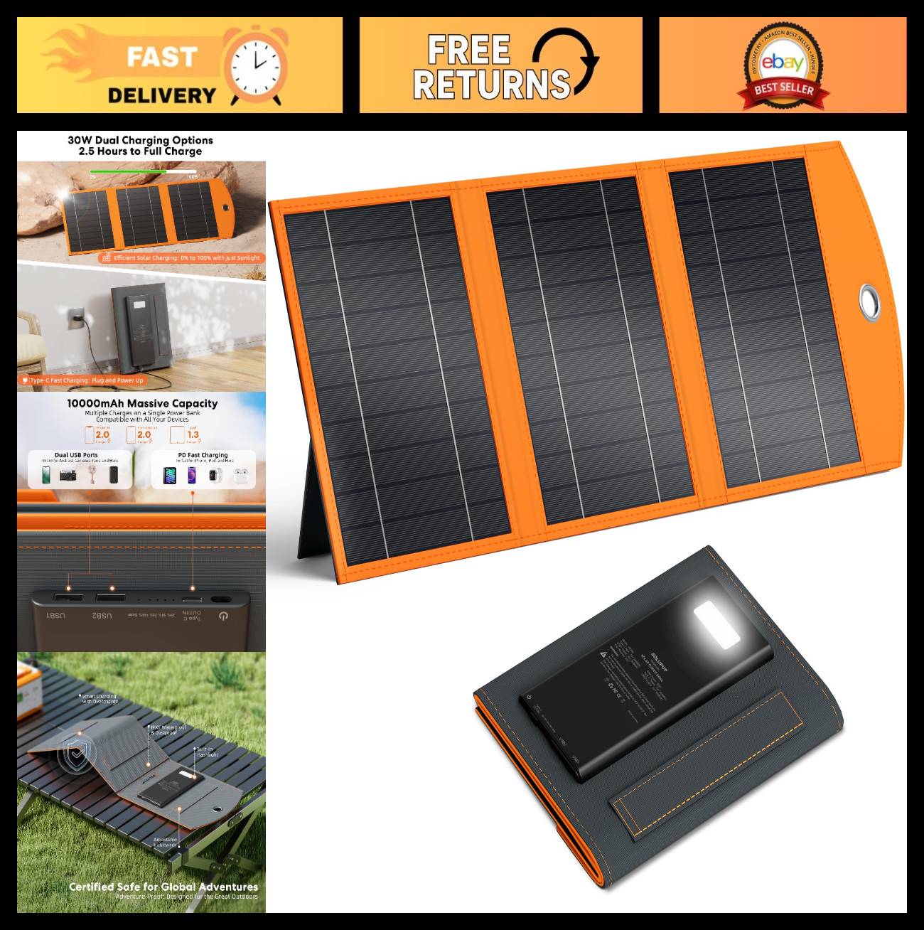 10,000mAh Solar Power Bank, 30W Foldable Solar Panel, Fast Charge, IPX5 Waterpro