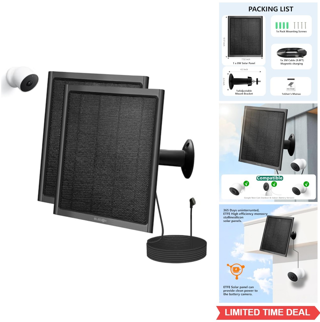 8W Solar Panel for Google Nest Camera – Waterproof, 360° Mount, 13.1ft Cable
