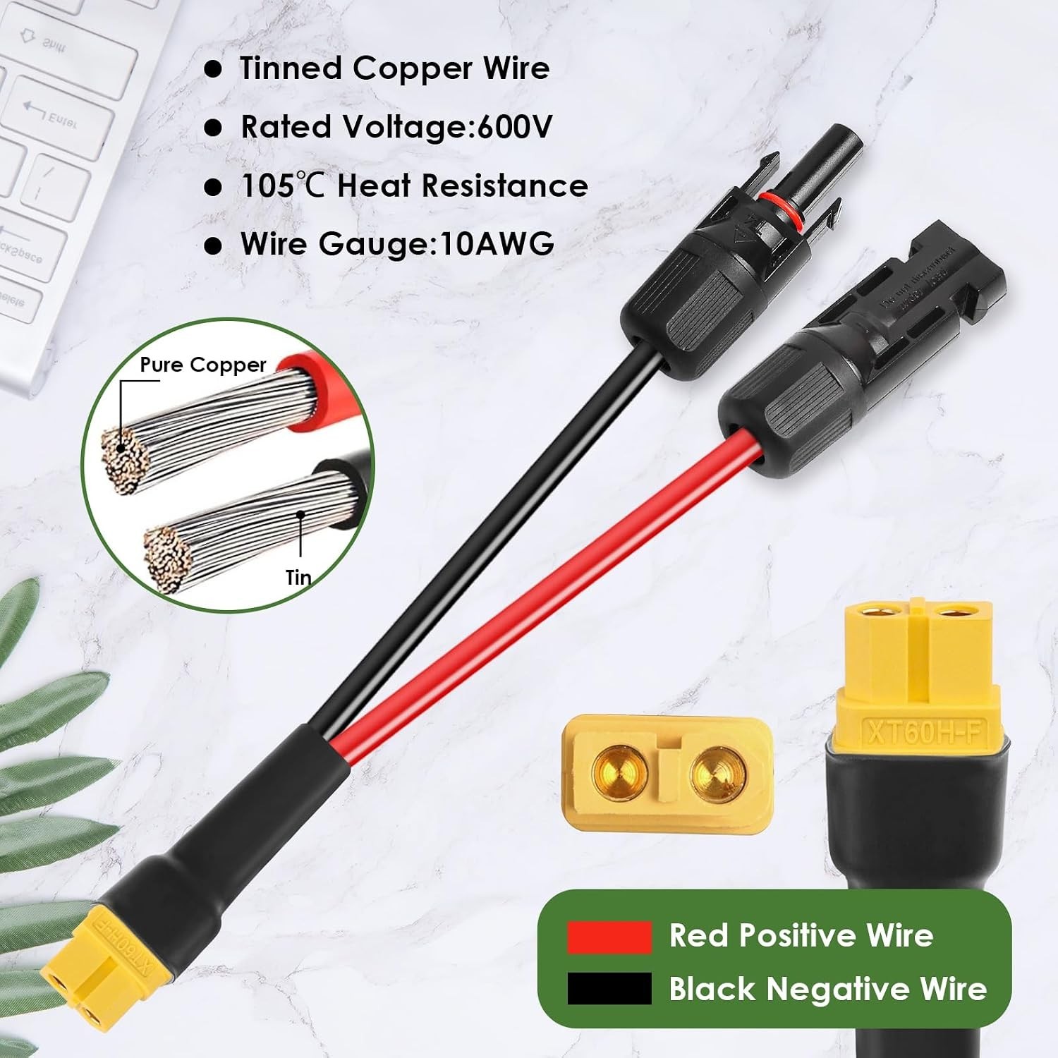 50ft Solar to XT60 Cable – 10AWG Tinned Copper, Heat Resistant, Outdoor Use