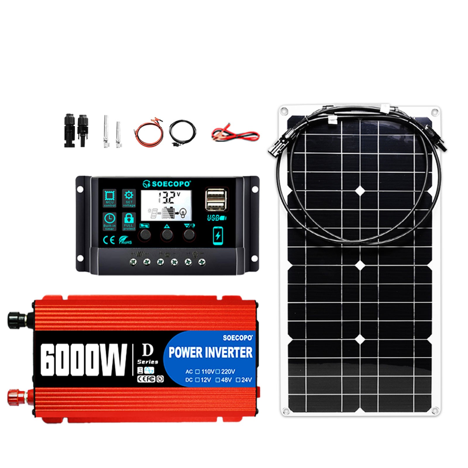 SOECOPO 6000W Solar System Kit Flexible Panel 100A Controller, 12V DC to 110V