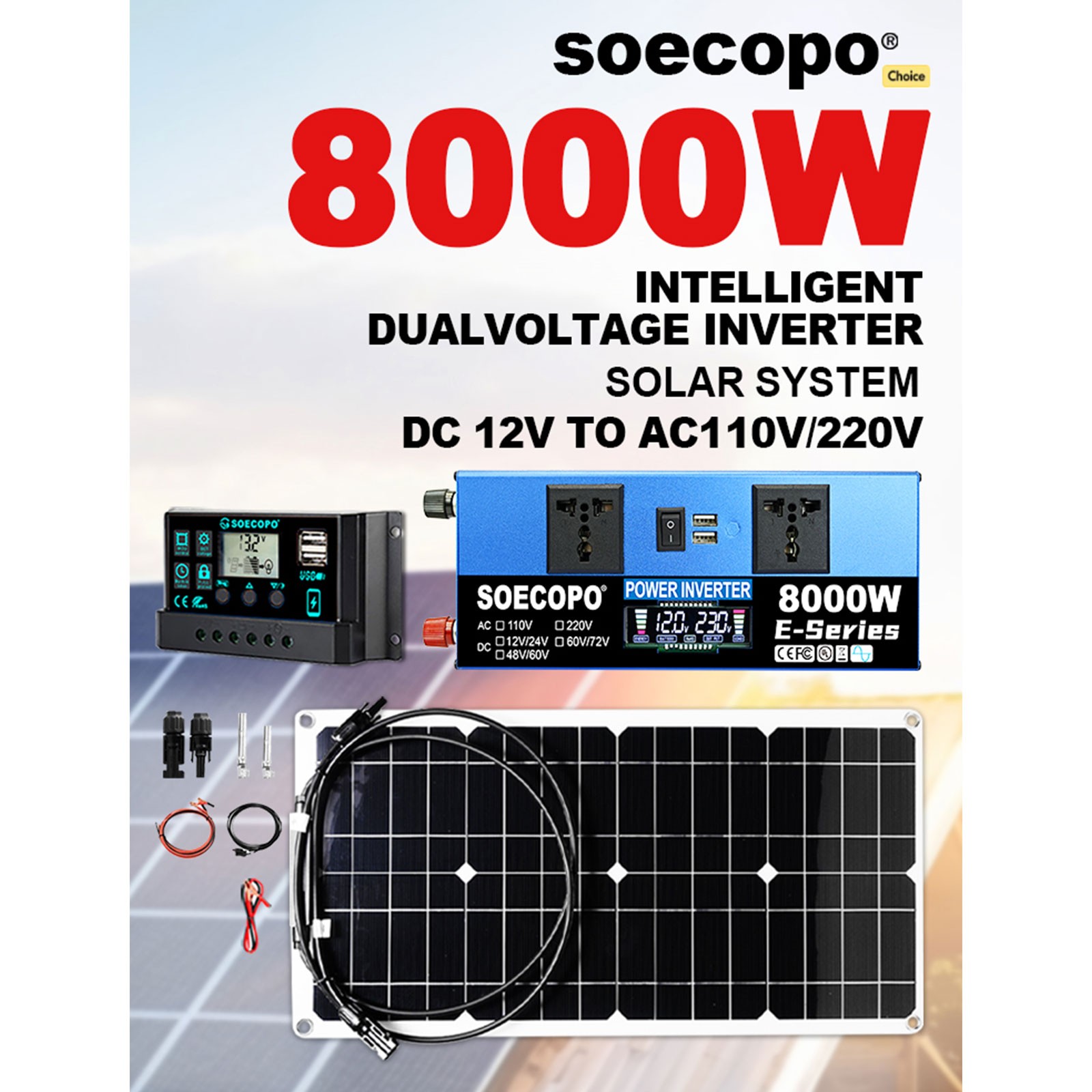 SOECOPO 8000W Peak Solar System Kit Flexible Panel 100A Controller DC12/24V 110V