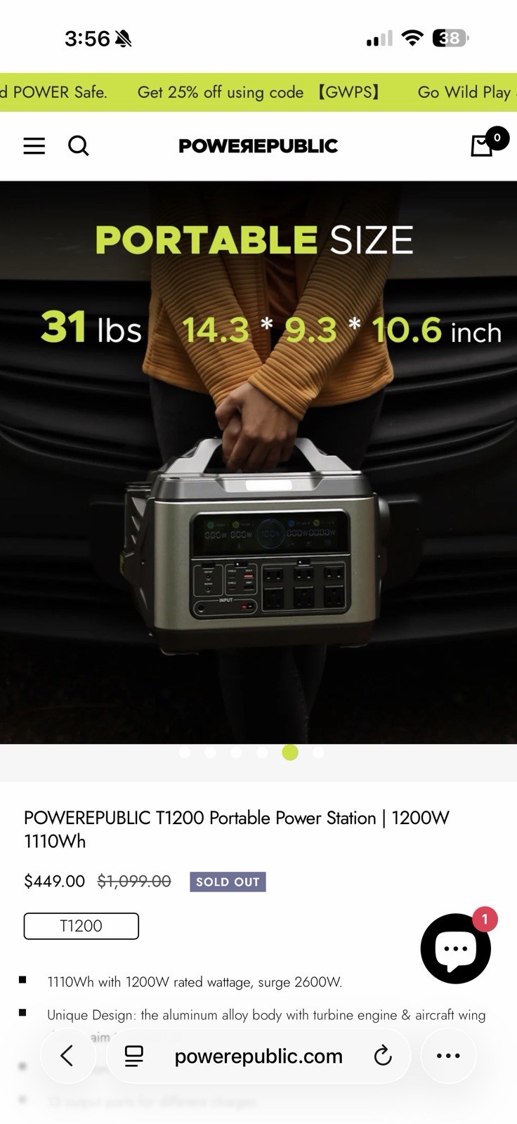 POWEREPUBLIC T1200 Portable Power Station | 1200W 1110Wh