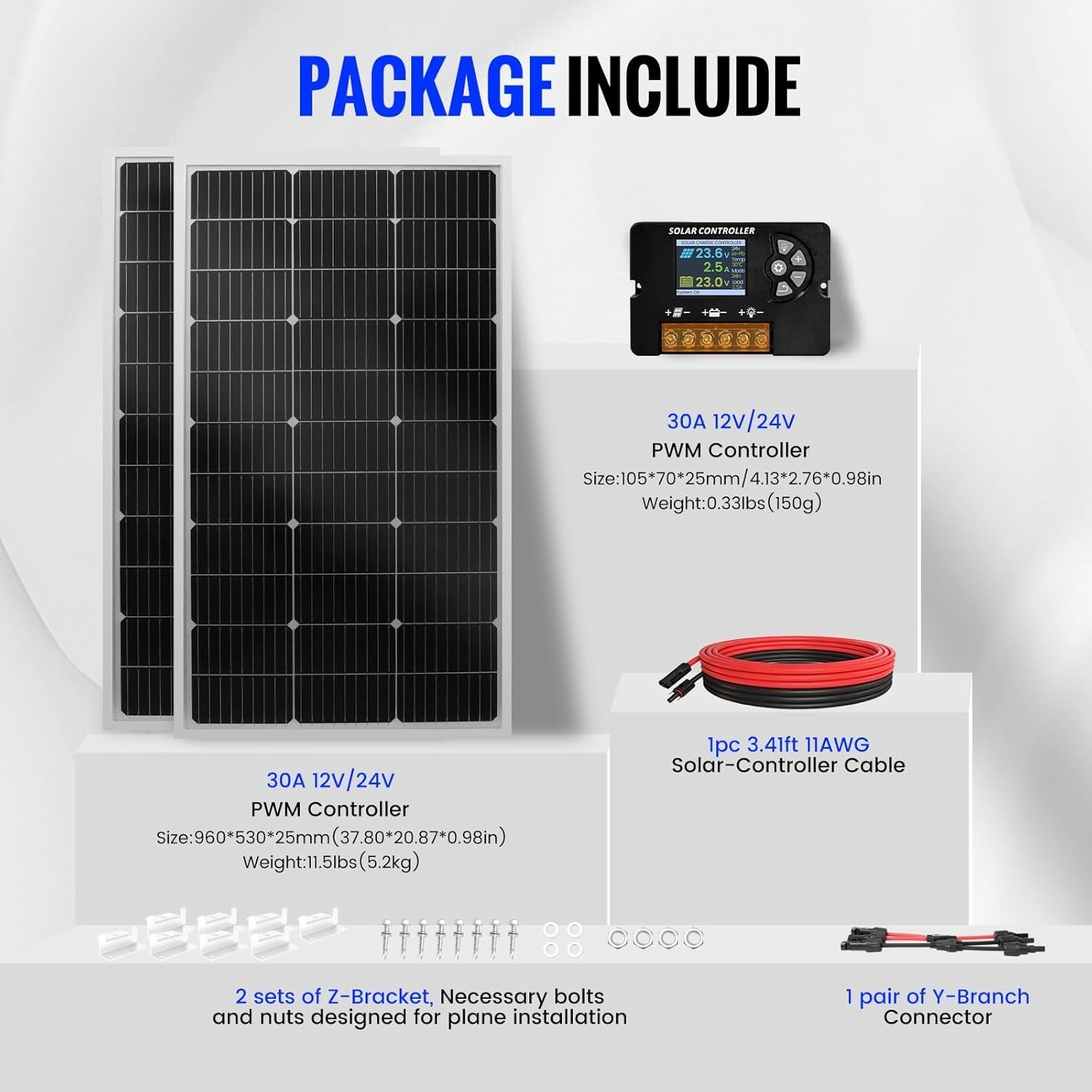 100W Monocrystalline Solar Panel Kit 30A PWM Controller 12V/24V High Efficiency
