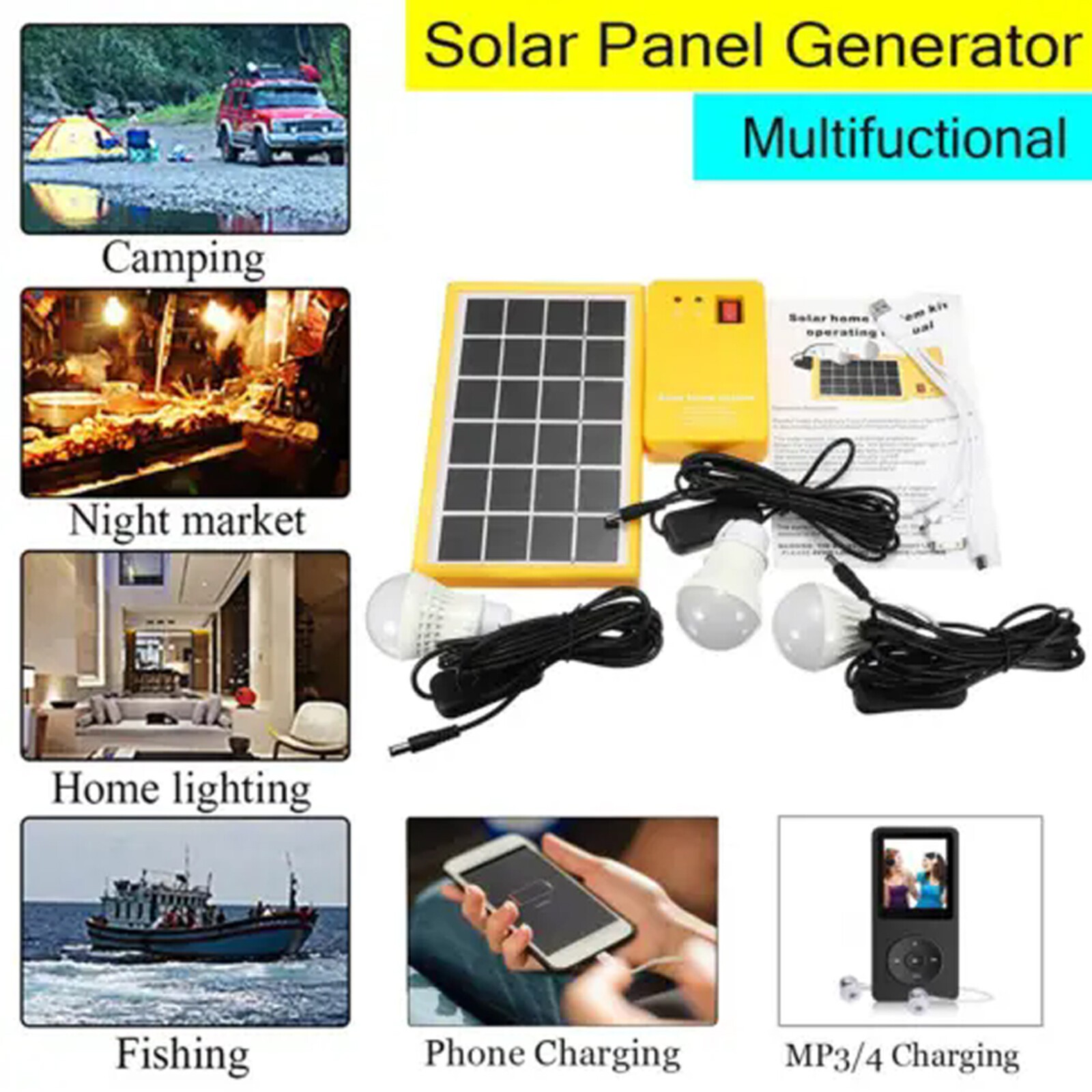 Portable Solar Light Kit 5V Usb 3 Led Bulbs Home Emergency Power System