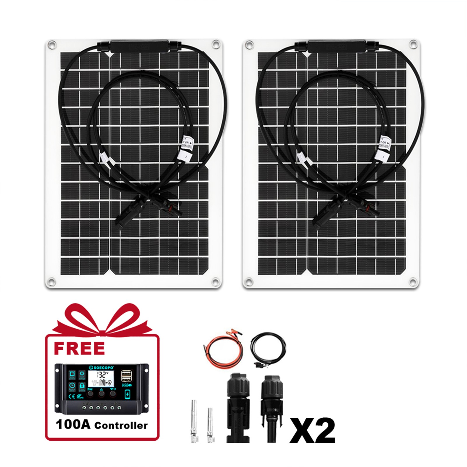 1200W 2-Panel Solar Kit – 100A Controller +Y-Cable Balcony/RV
