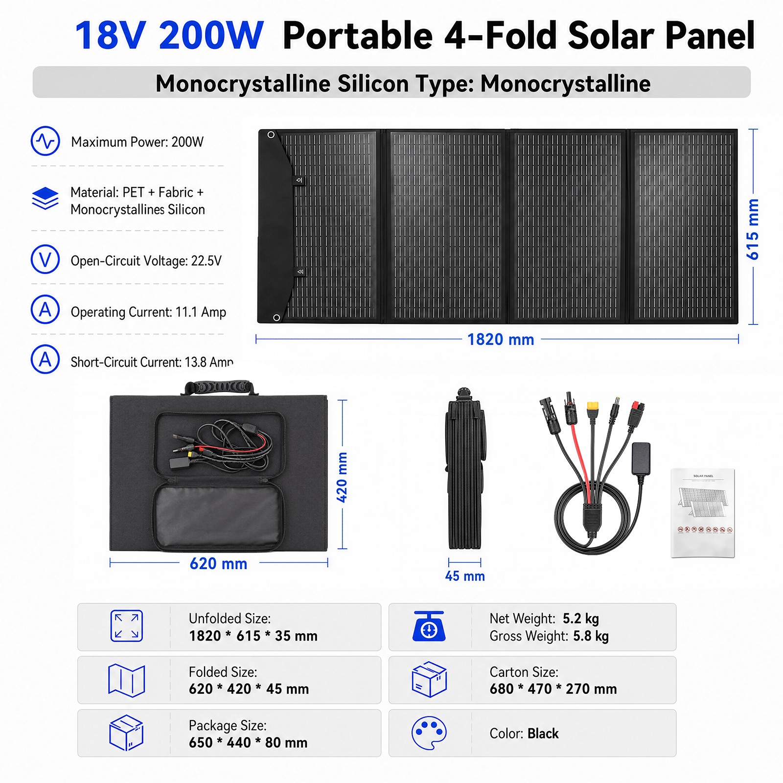 200W Portable Folding Solar Panel Charger Power Station IPX4 for RV Camping Home