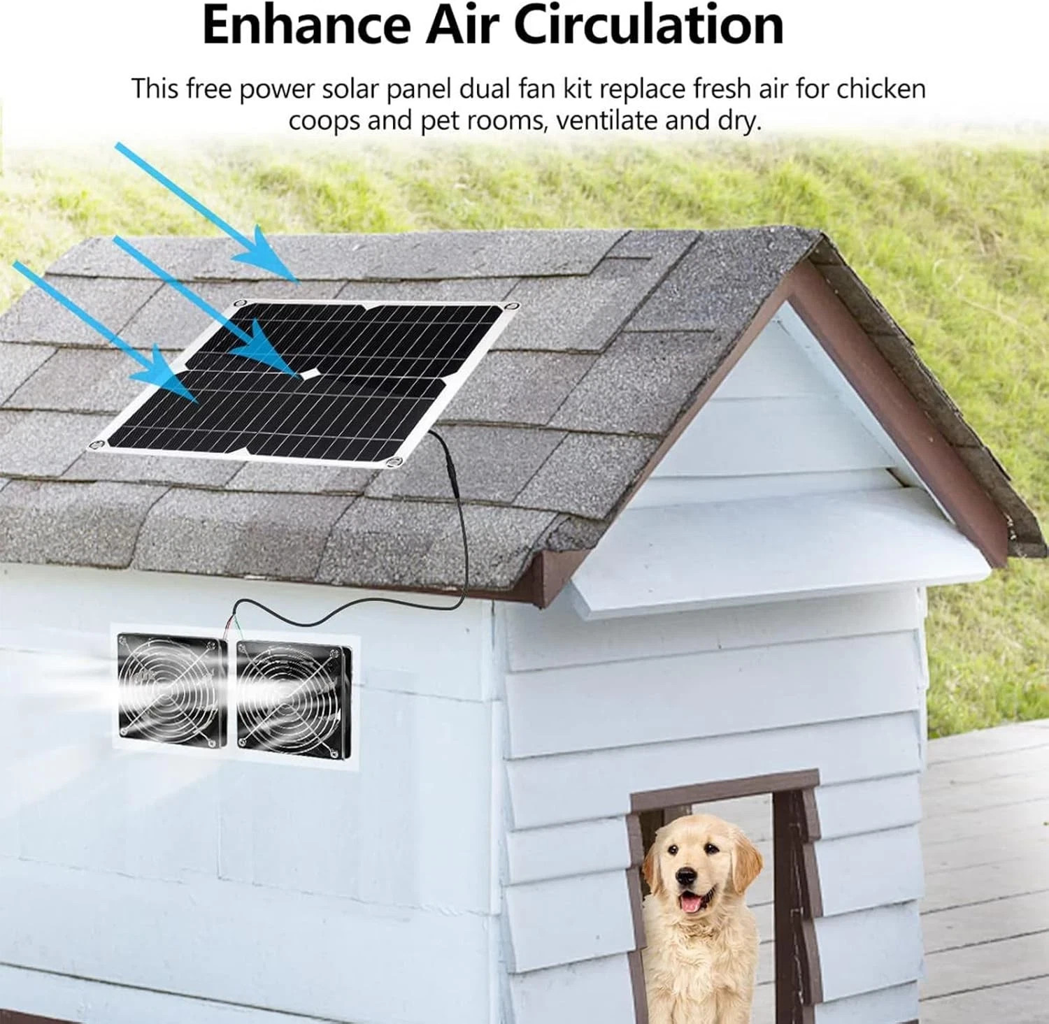 15W Dual Head Solar Exhaust Fan, IP65 Waterproof Ventilation Fan for Greenhouse