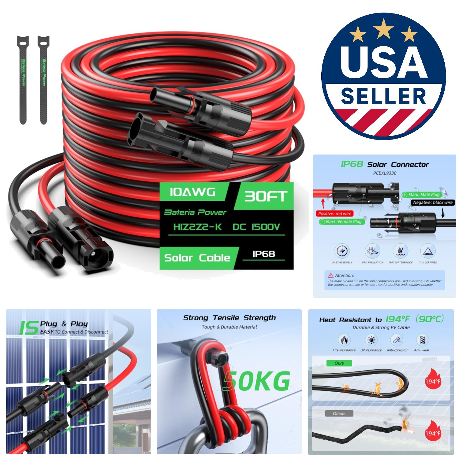 Professional 30FT 10AWG Solar Extension Cable Set with Durable Lock Connectors