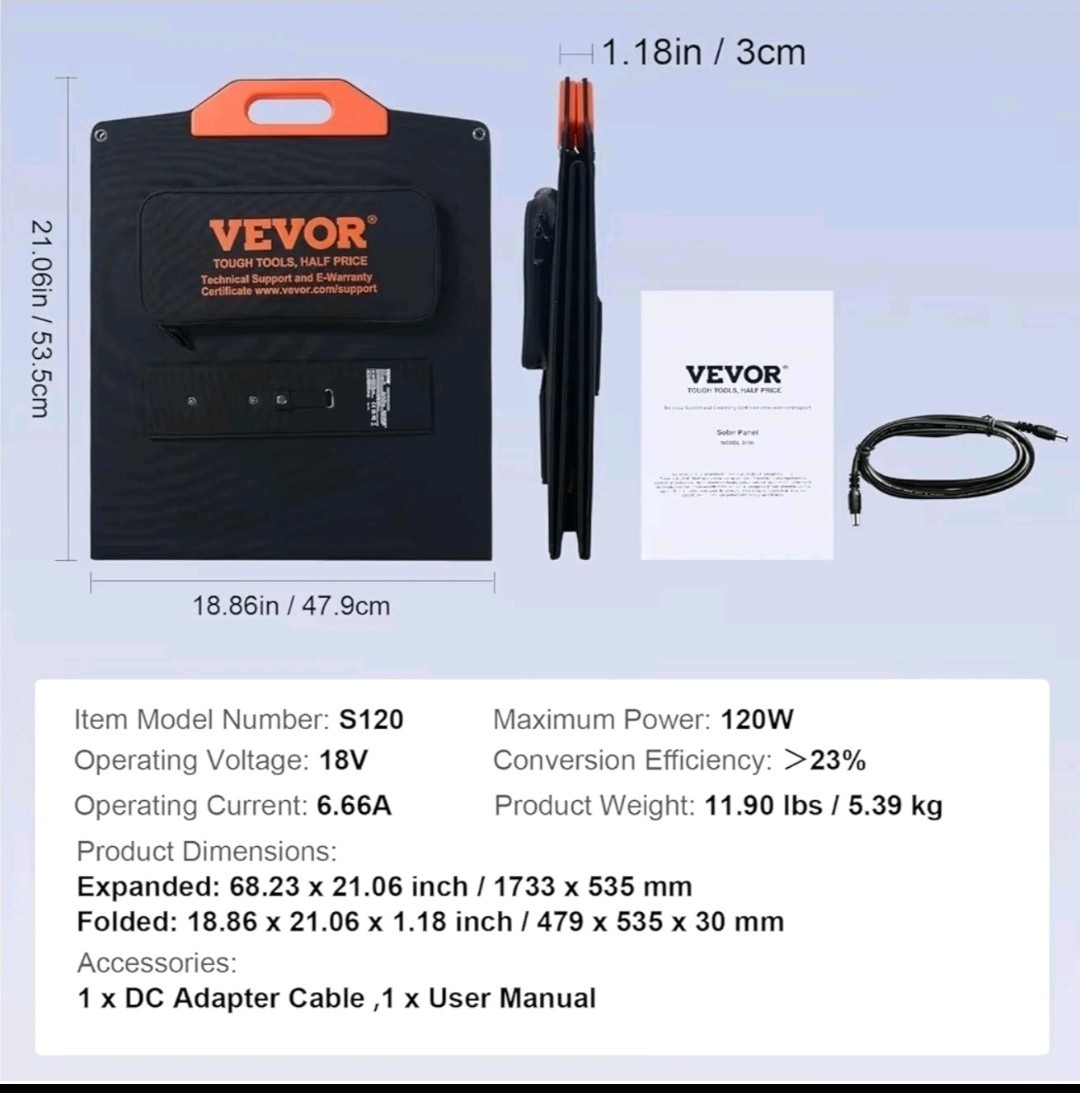 Vevor 120W Portable Foldable Solar Panel Waterproof ETFE Charger
