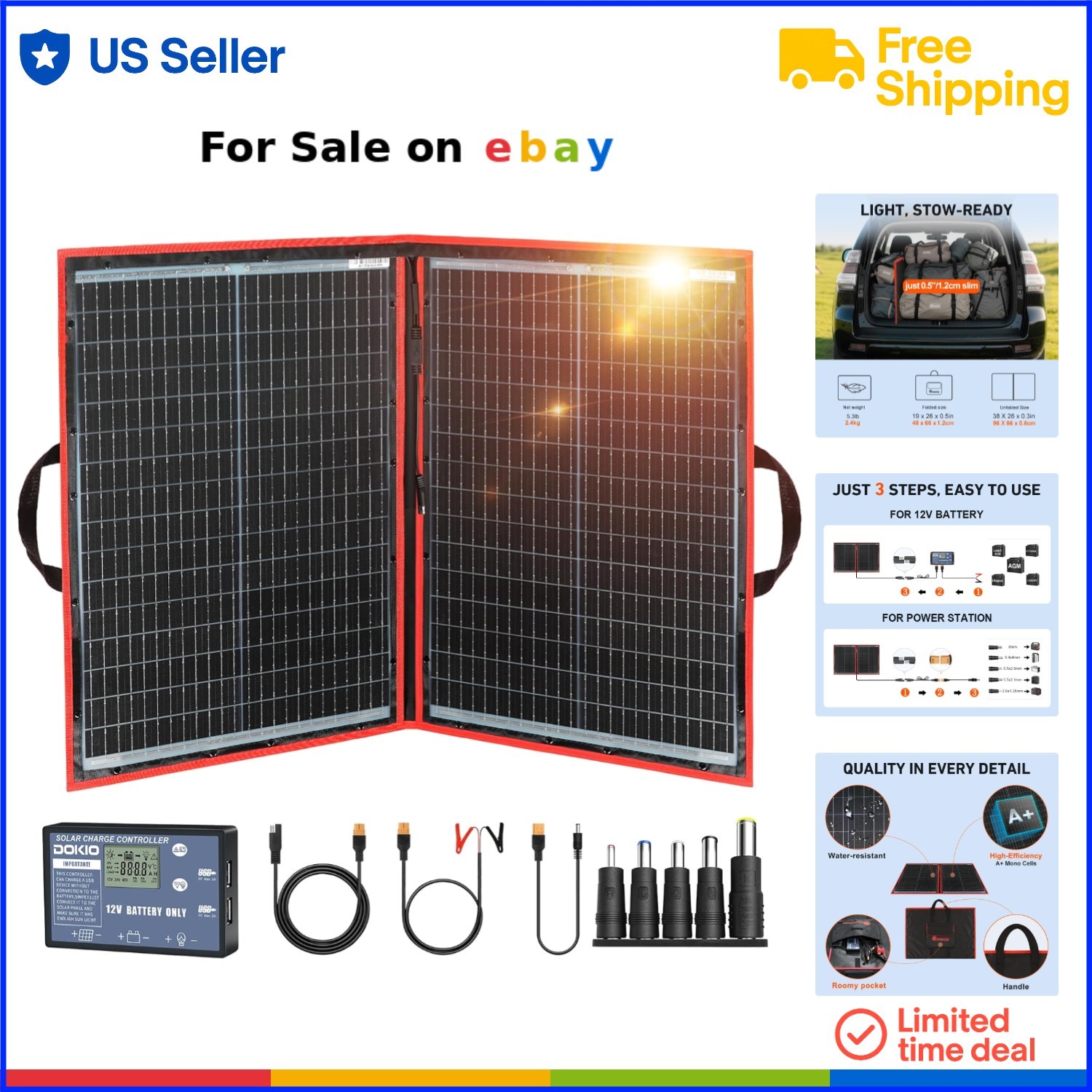 Portable Solar Panel Monocrystalline 100W Foldable Kit with USB Controller fo…