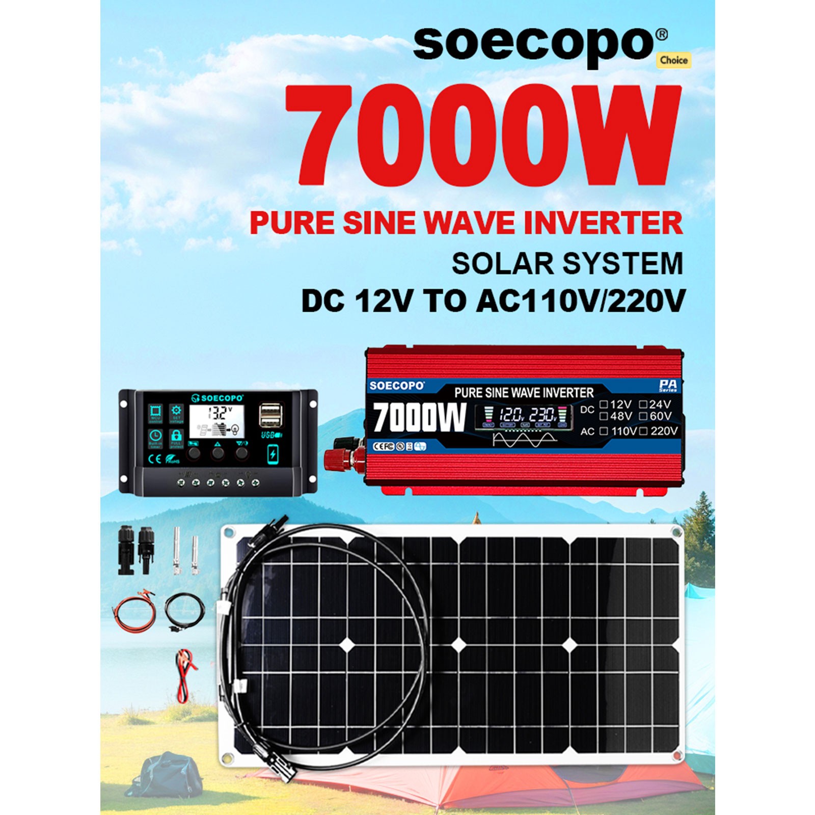 7000W Solar System Kit 100A Controller DC12V AC110 220V Panel for RV Boat Camp