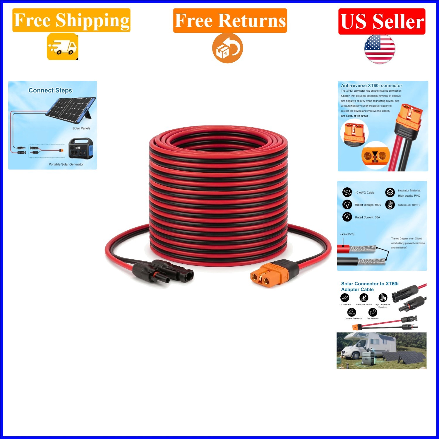 10FT Red 10AWG Solar to XT60i Extension Cable for Portable Power