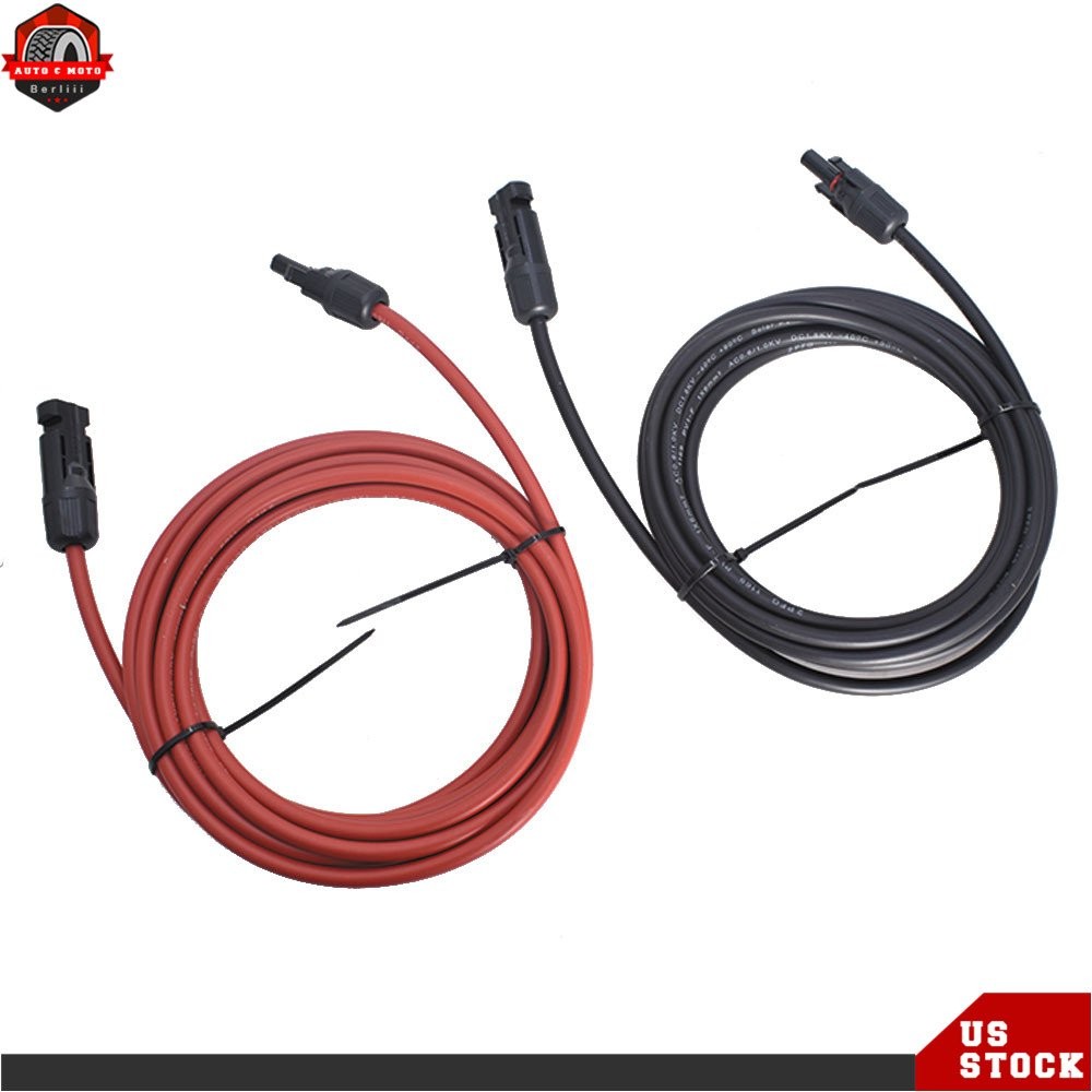 10 AWG 15 FT 1 Pair Black + Red Solar Panel Extension Cable Wire Connector