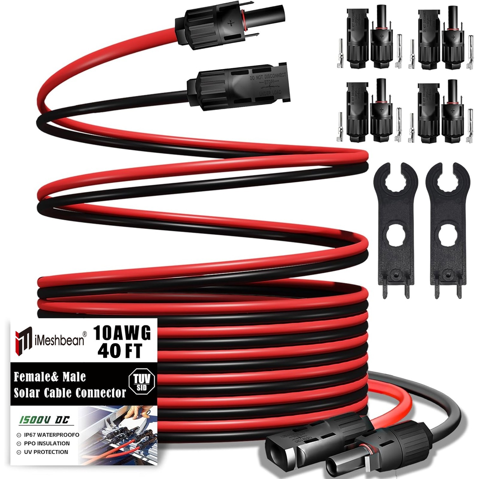 40 FT 10 AWG Black+Red Solar Panel Extension Cable w/ Female & Male Connectors