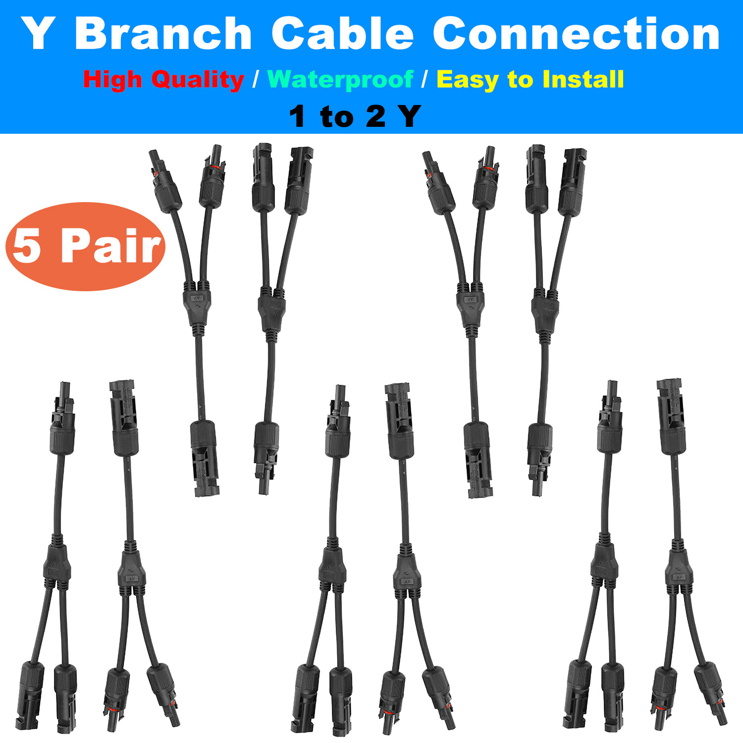 5Pairs 1 to 2Y Branch Solar Panel Cable Connectors Adapter Extension Connectors