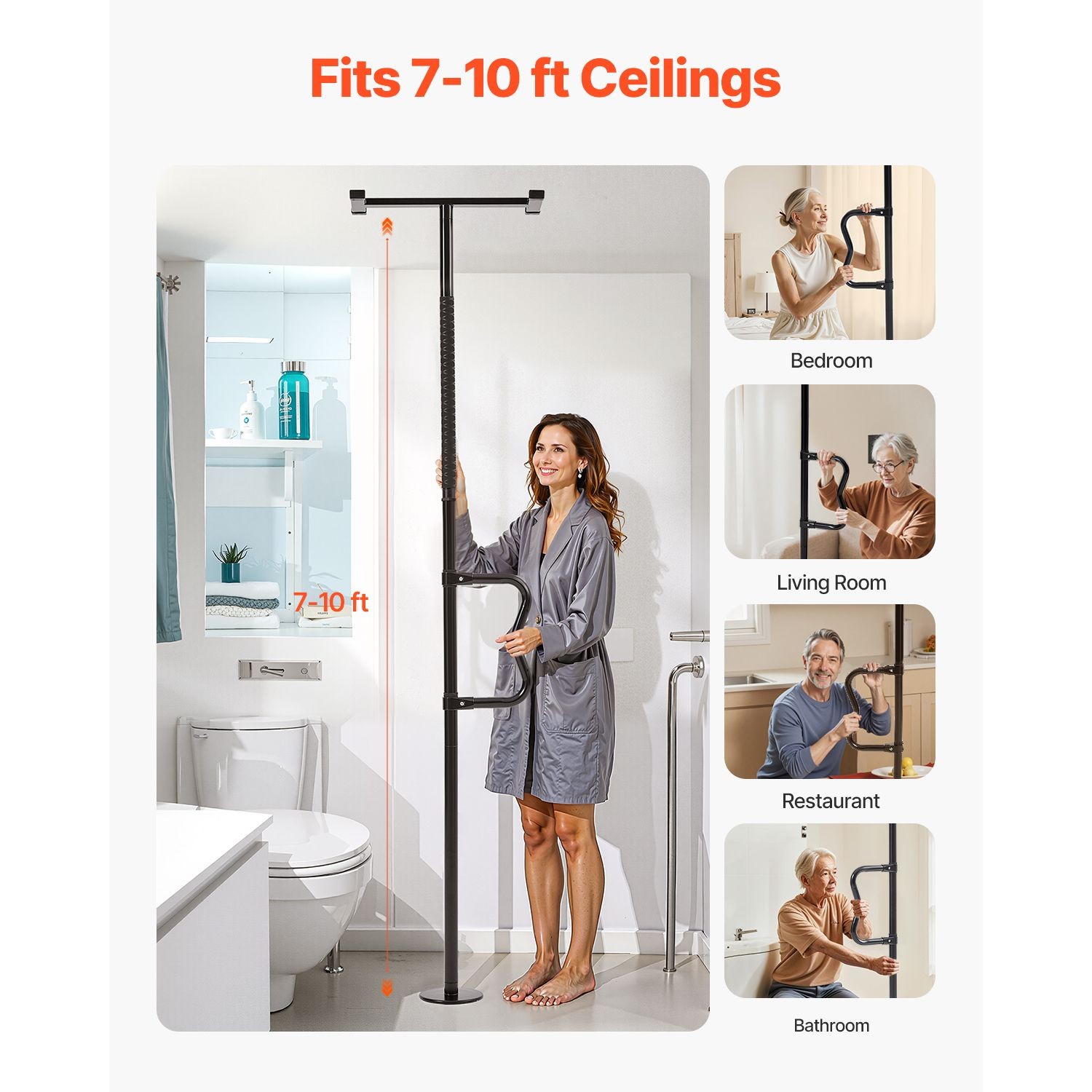 Floor – to – Ceiling Transfer Pole, Tension Mounted Bathroom Grab Bar with Anti