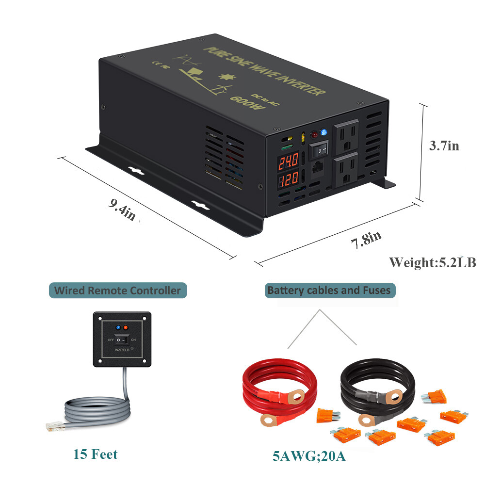 Pure Sine Wave Inverter 24V to 110V 220V 600W Generator Car Truck Solar Remote