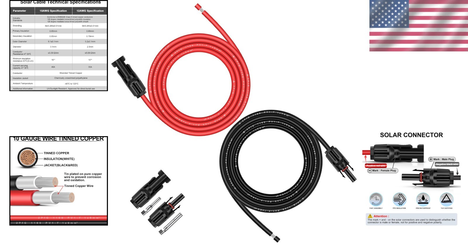 10ft Solar Panel Ext Cable – 10AWG, Weatherproof