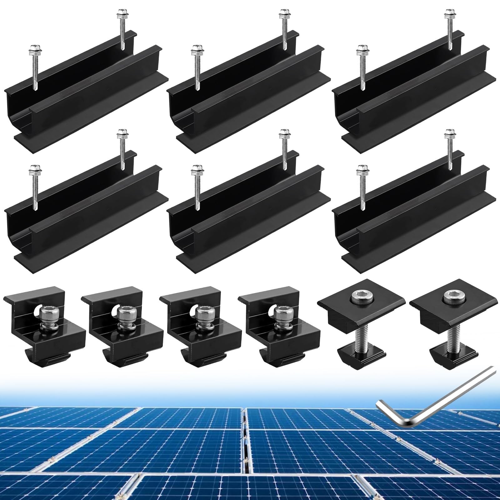 Aluminium Solar Panel Mounting Rail & Adjustable Clamps Bracket Kit 6PC Black