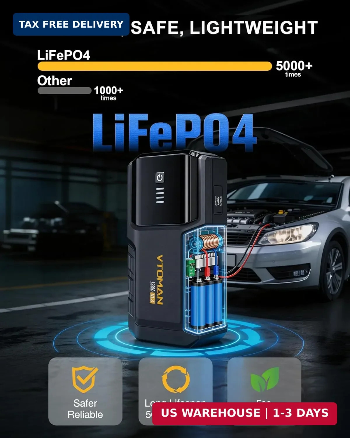 VTOMAN VL3 Jump Starter Upgraded with LiFePO4 Battery, 3000A Portable Car Batter