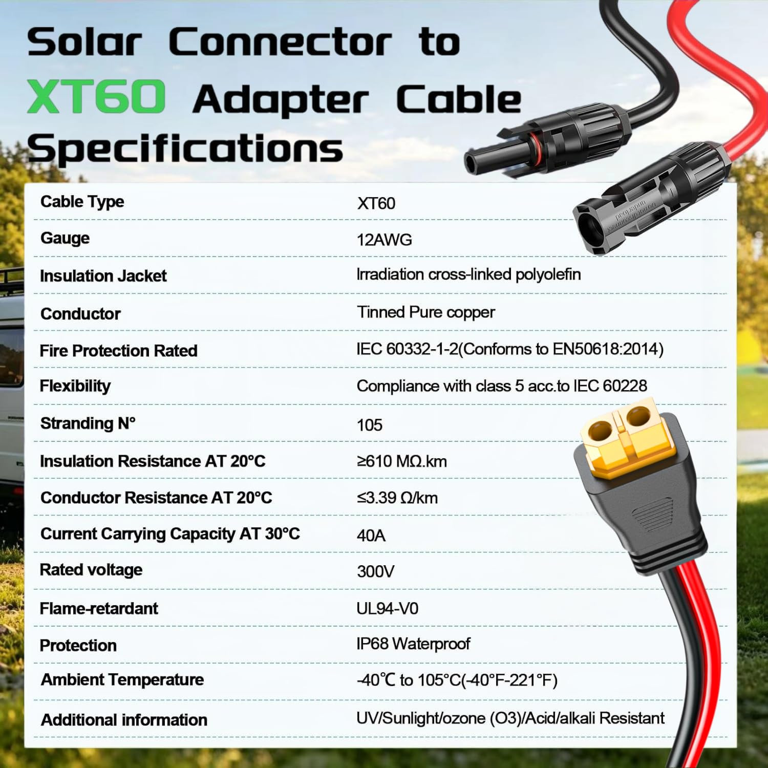10FT/3M Solar Panel Cable 12AWG Solar Panel Connector to XT60 Charge Adapter