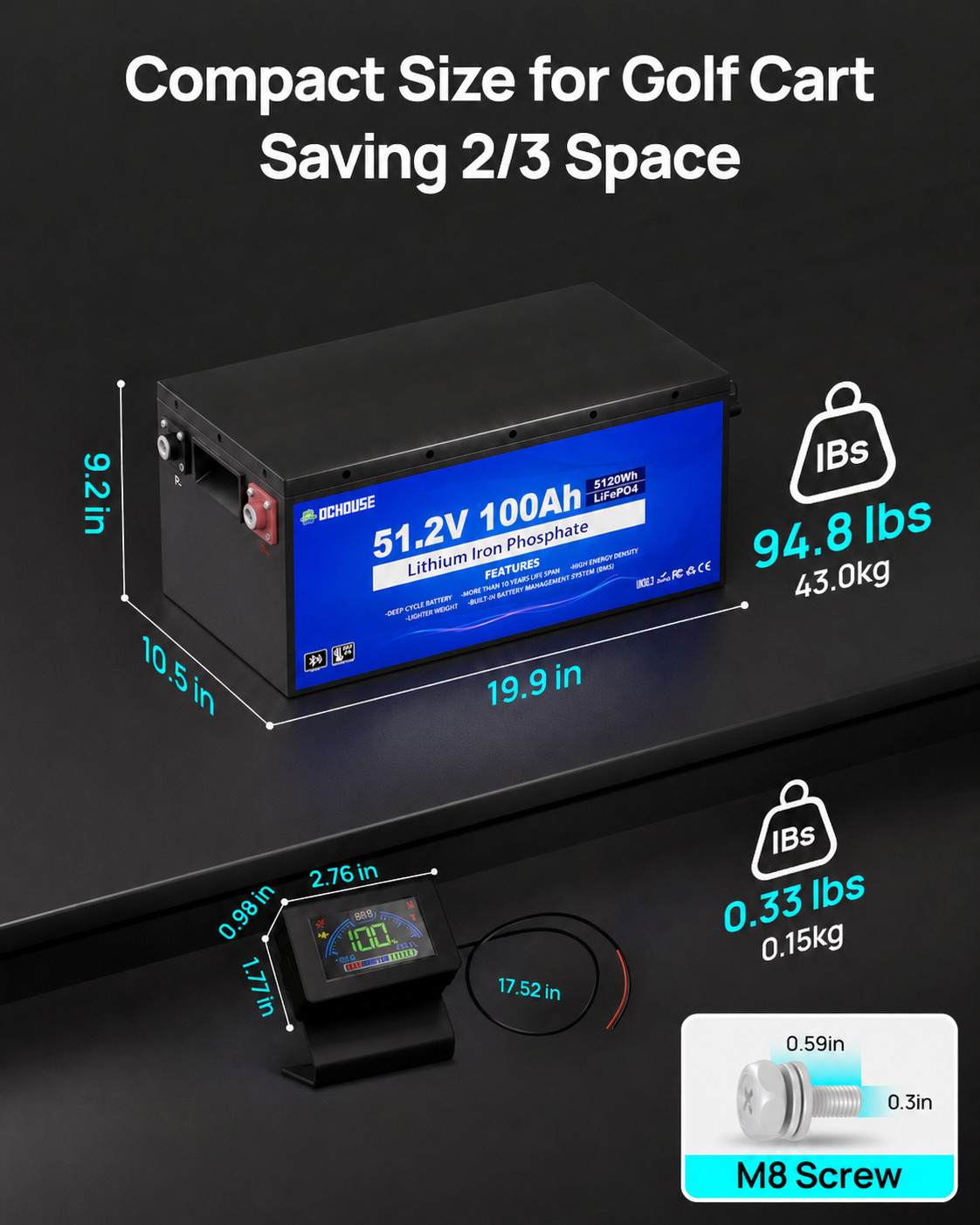 48V 100Ah Golf Cart Battery Lithium LiFePO4 Deep Cycle Bluetooth Solar RV