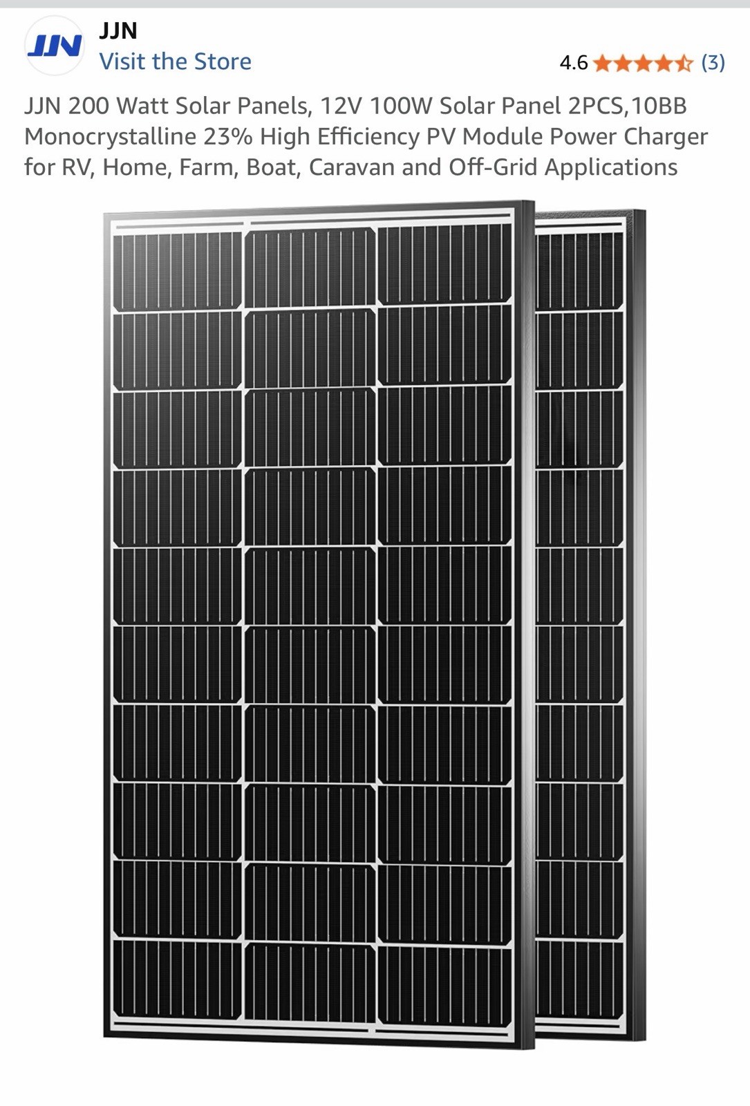 JJN Monocrystalline 200W Solar Panel 12V High Efficiency for RV, Home, Boat(NEW)
